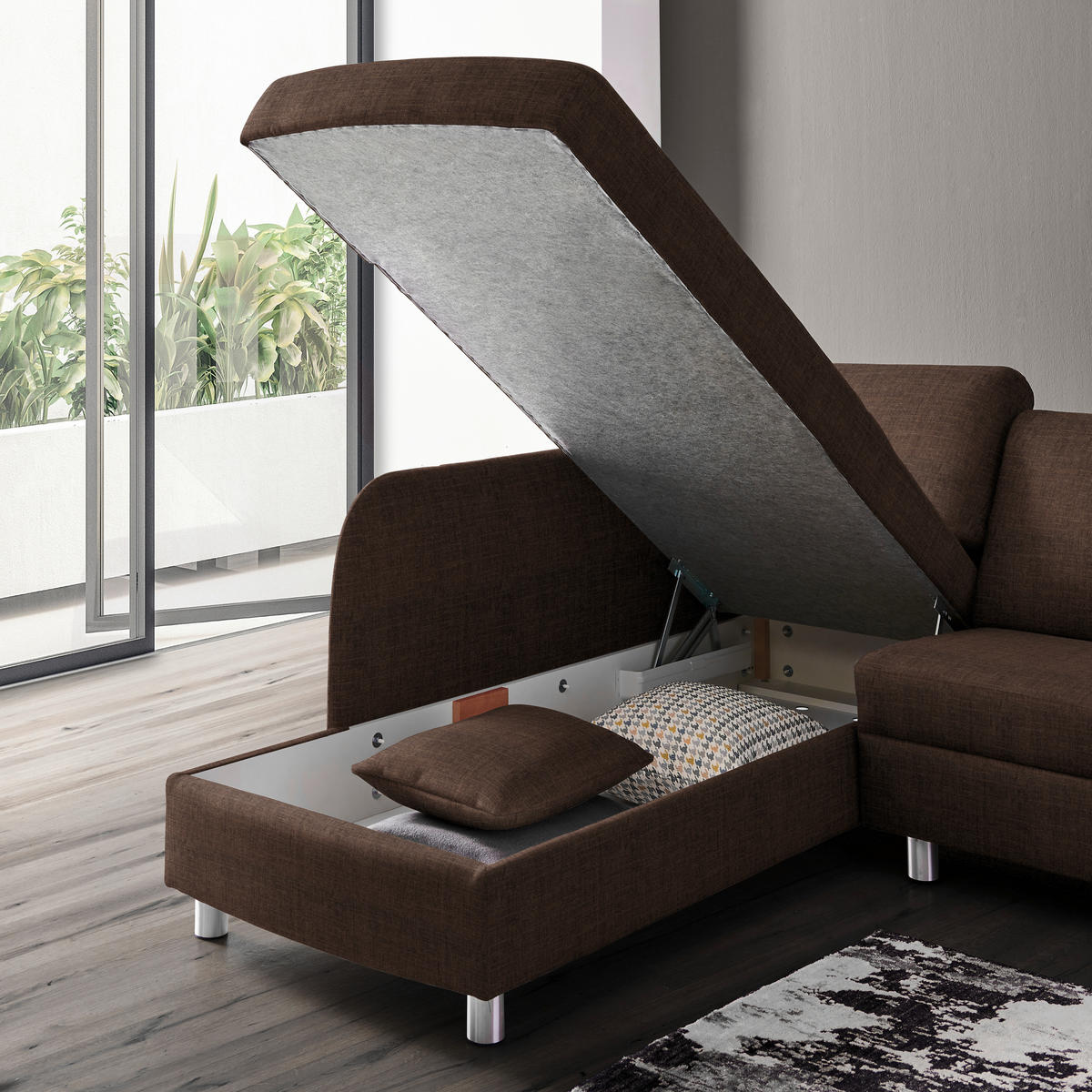 ECKSOFA in Chenille Dunkelbraun  208/227 cm  - Dunkelbraun/Alufarben, KONVENTIONELL, Textil/Metall (208/227cm) - Sedda