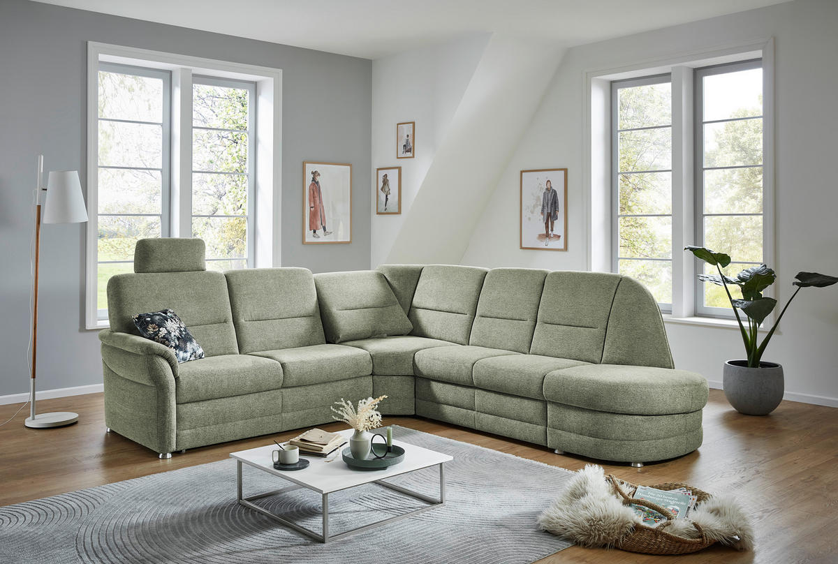 ECKSOFA  in Makramee Grün  - Alufarben/Grün, KONVENTIONELL, Textil/Metall (253/273cm) - Beldomo Comfort