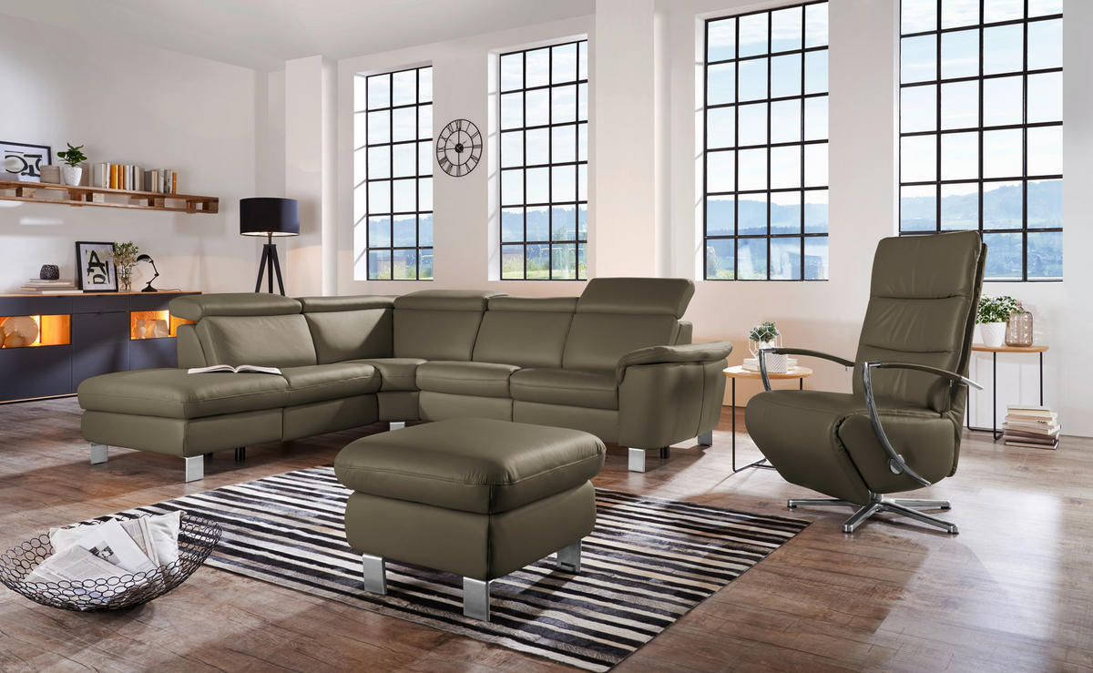 ECKSOFA in Echtleder Olivgrün  - Alufarben/Olivgrün, Design, Leder/Metall (239/271cm) - Cantus