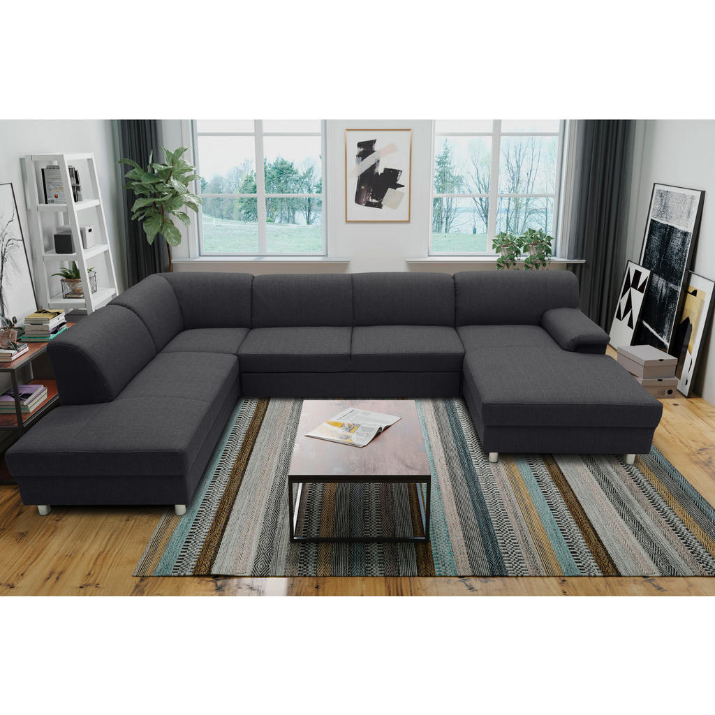 Thumbnail - Mid.you Wohnlandschaft, Schlamm, Textil, Uni, 5-Sitzer, Ottomane links, U-Form, 308x195 cm, Made in EU, Schlafen auf Sit...