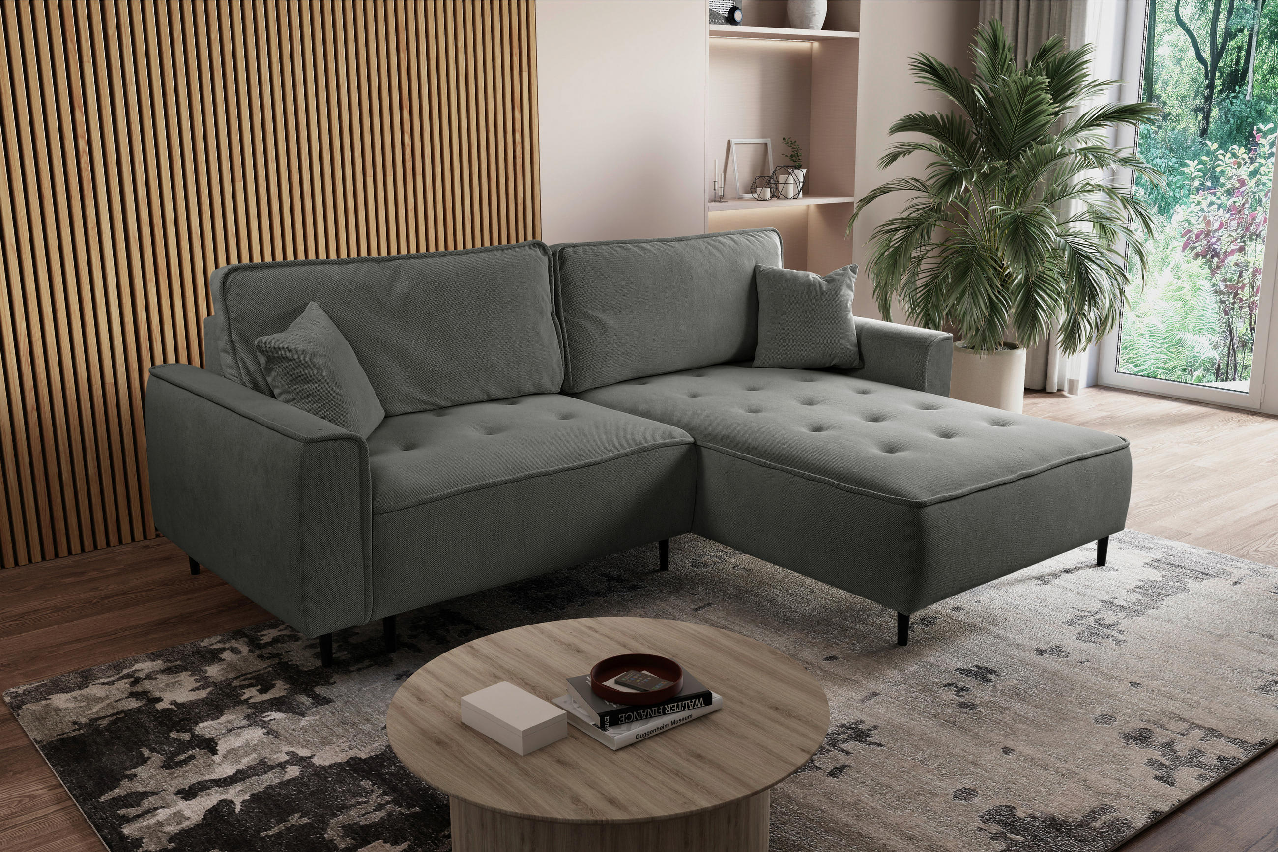 ECKSOFA Dunkelgrau Flachgewebe  - Dunkelgrau/Schwarz, Design, Holz/Textil (263/183cm) - MID.YOU