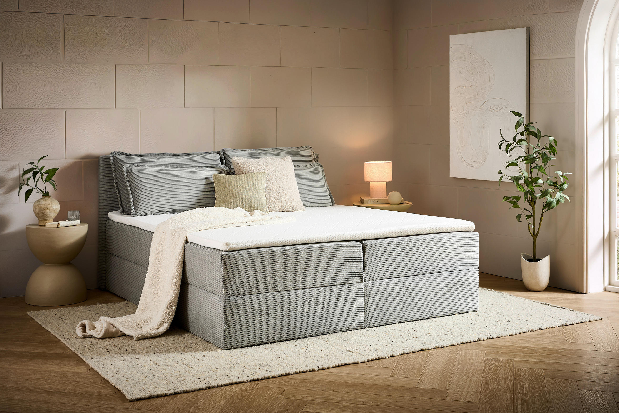 BOXBETT 180/200 cm,  in Hellgrau, Kissen, Bettkasten, Topper, H3 + H3 = fest  - Hellgrau/Schwarz, Design, Kunststoff/Textil (180/200cm) - Chameo