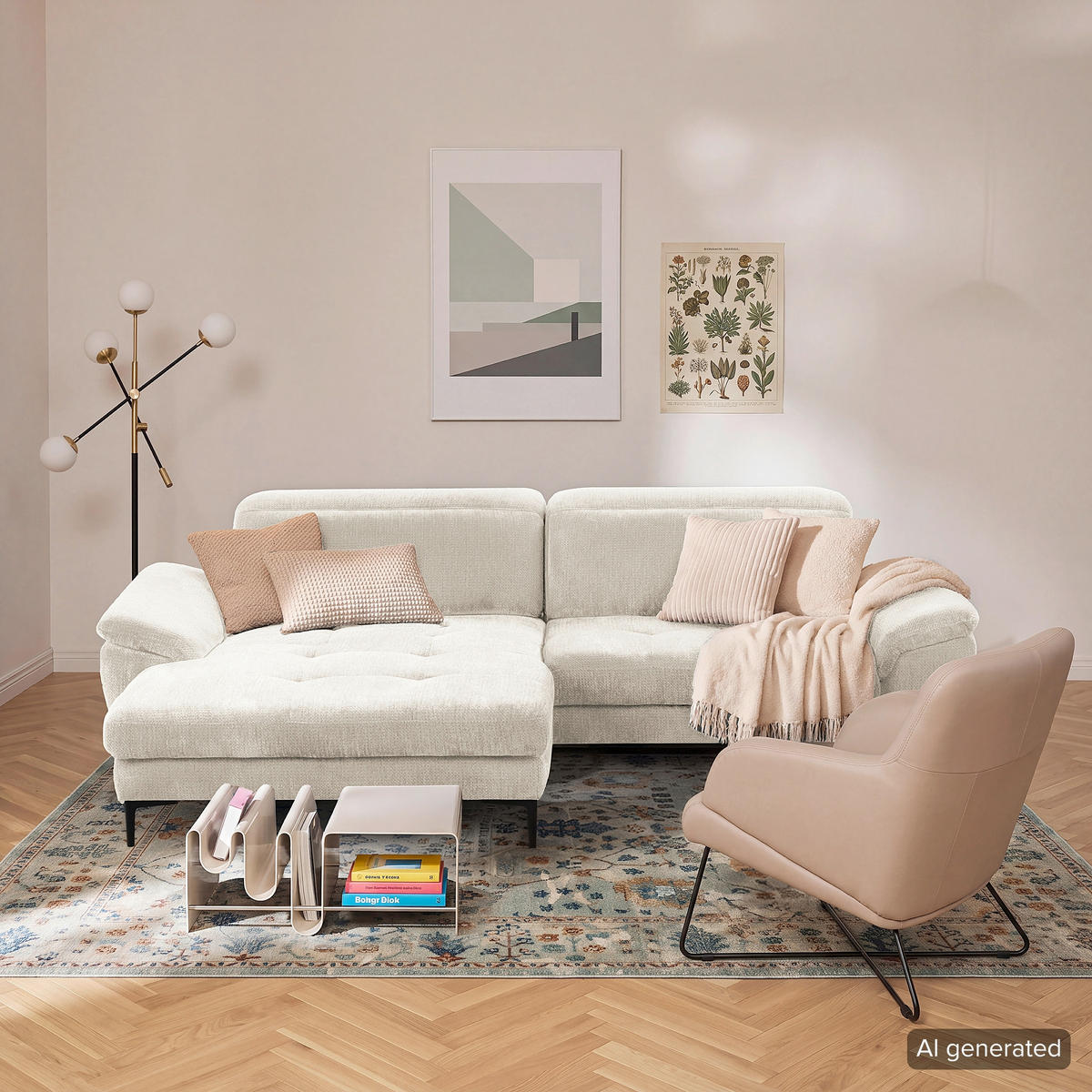 ECKSOFA  Webstoff Weiss  - Weiss/Schwarz, Design, Textil/Metall (195/268cm) - Livetastic