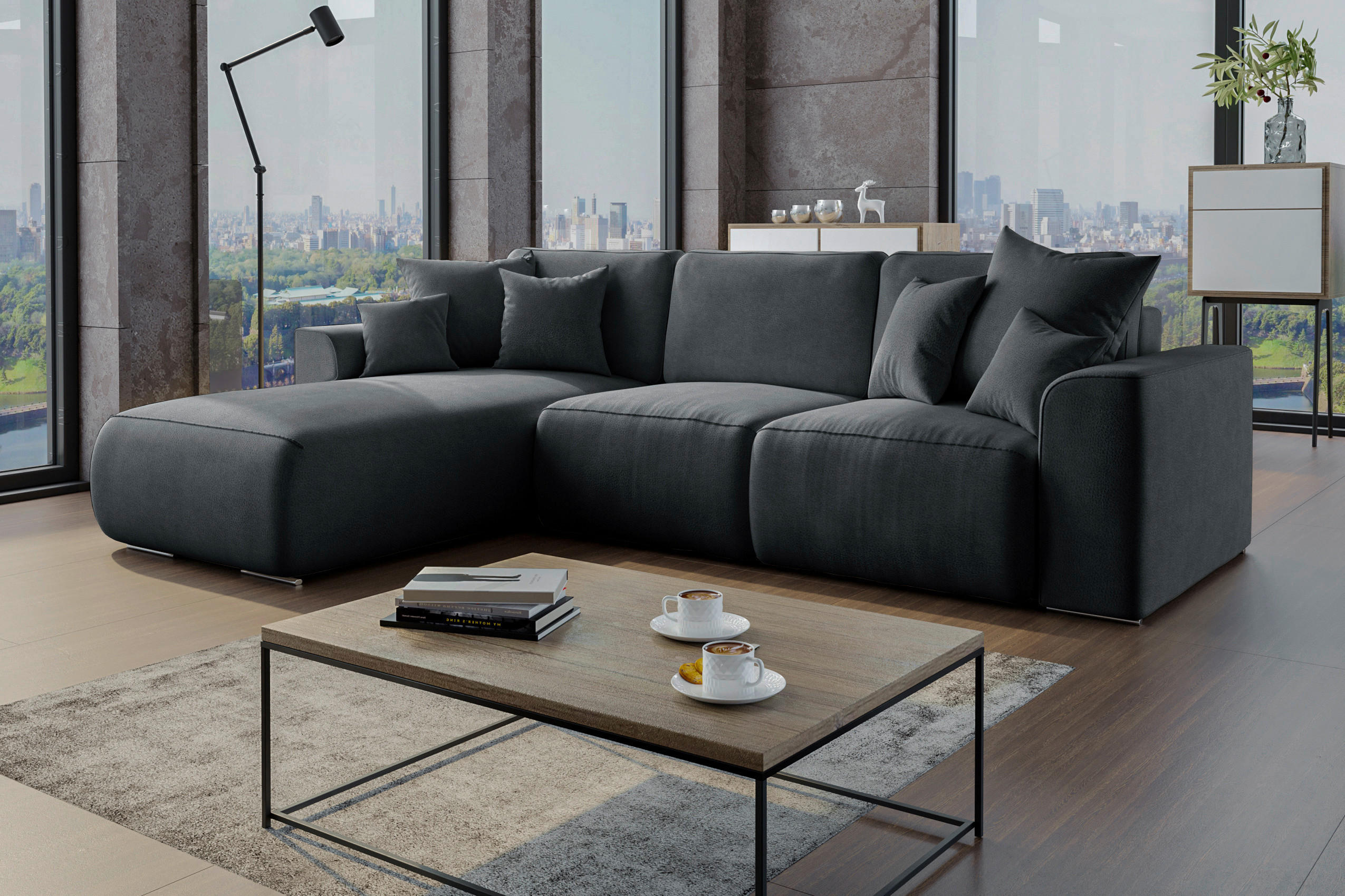 ECKSOFA Anthrazit Lederlook  - Chromfarben/Anthrazit, KONVENTIONELL, Kunststoff/Textil (195/293cm) - Carryhome