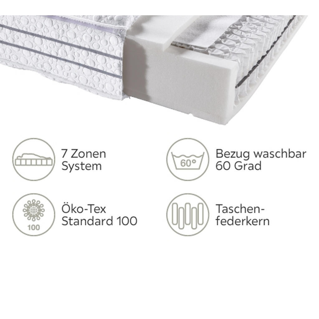 Thumbnail - FAN Taschenfederkernmatratze, Weiß, Textil, H2, rechteckig, 80x200 cm, Textiles Vertrauen - Oeko-Tex®, Härtegradauswahl,...
