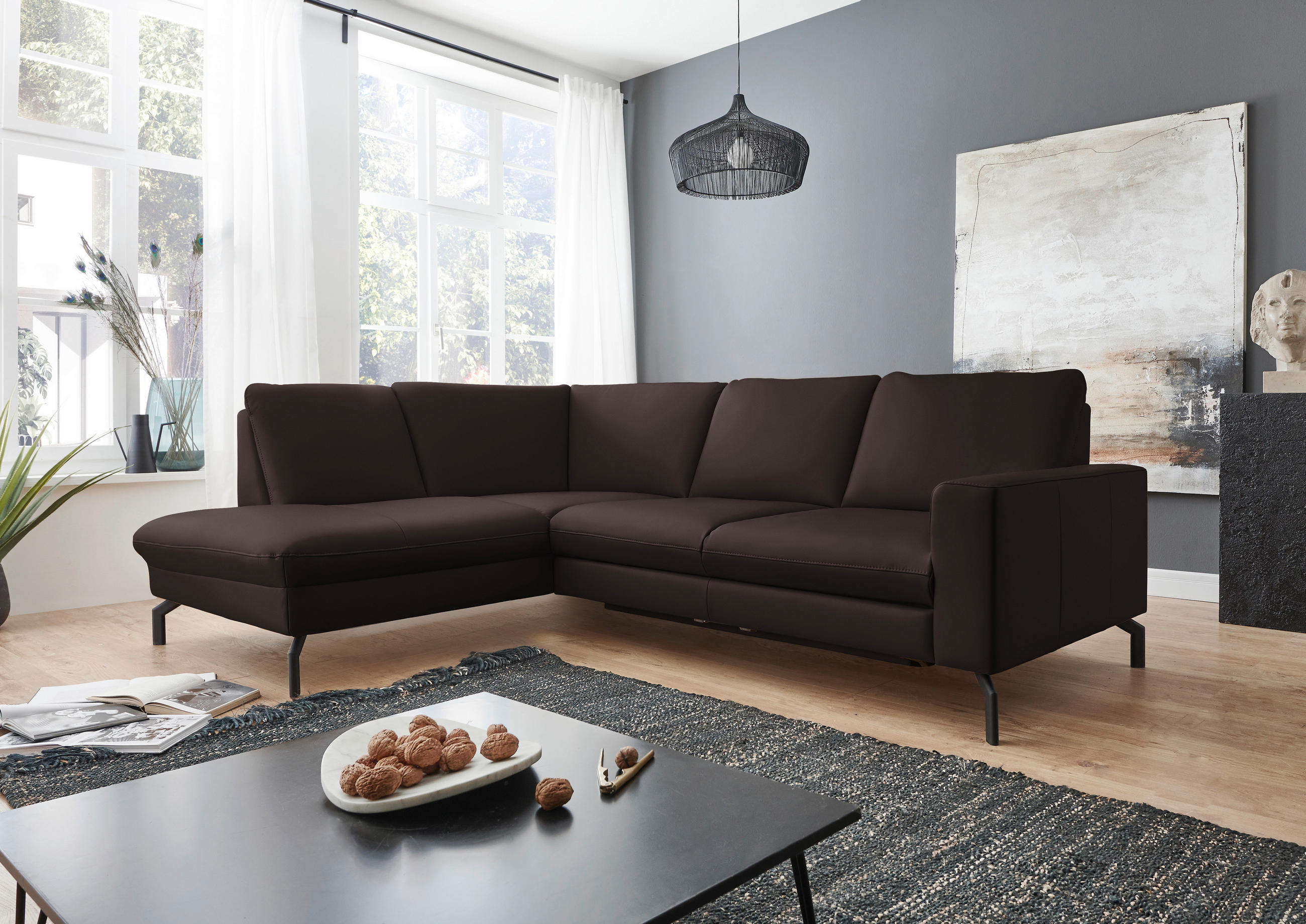 ECKSOFA in Echtleder Dunkelbraun  - Dunkelbraun/Schwarz, Design, Leder/Metall (194/250cm) - Beldomo Premium