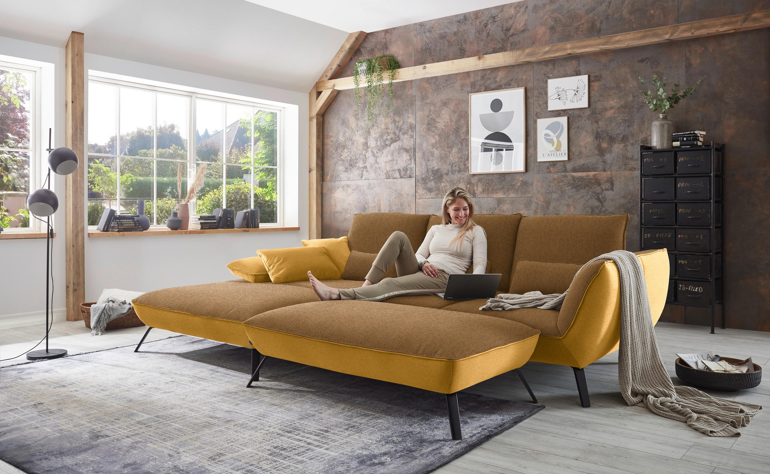 ECKSOFA in Flachgewebe Goldfarben  191/301 cm  - Goldfarben/Schwarz, Design, Textil/Metall (191/301cm) - Moderano