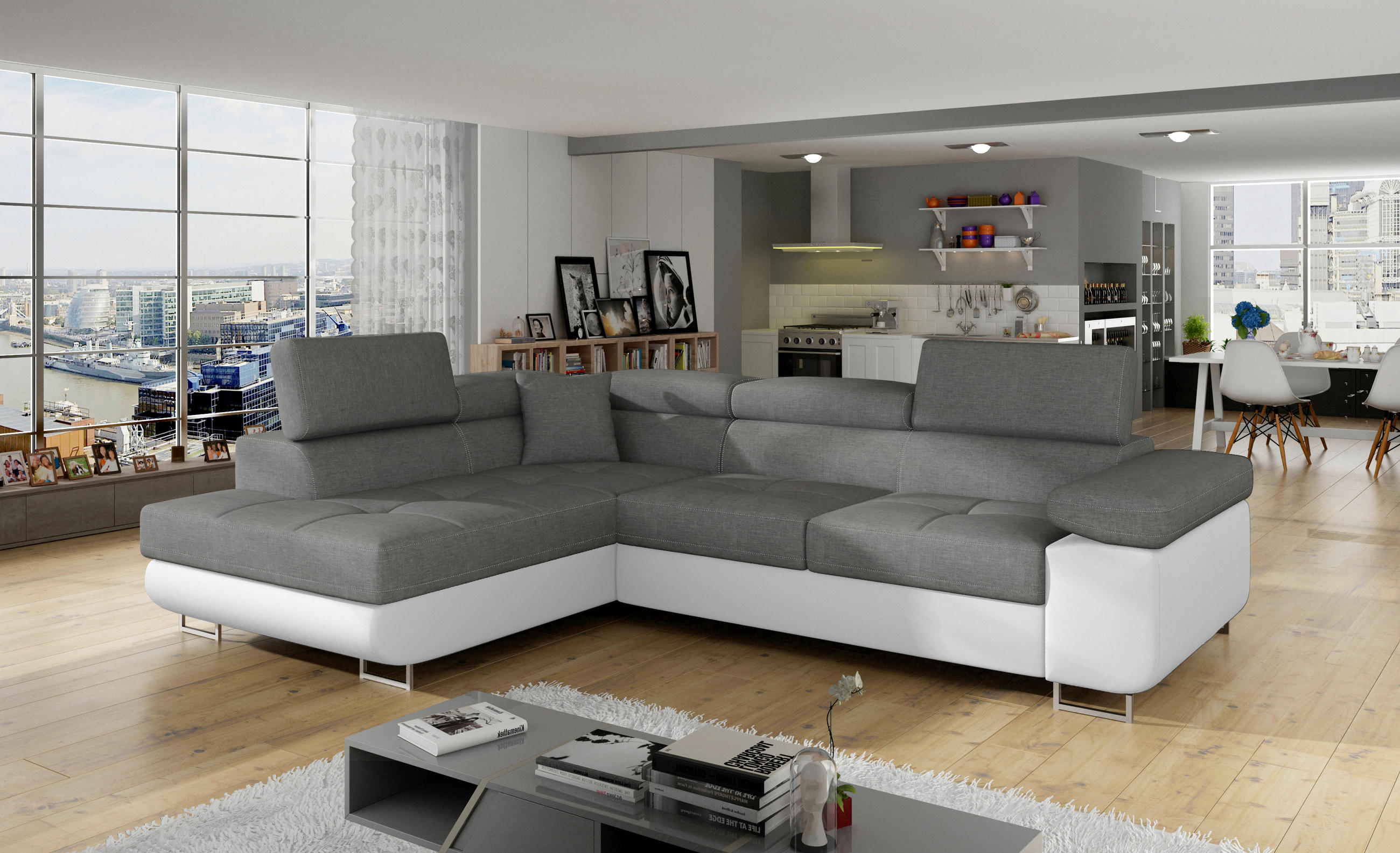 ECKSOFA Grau, Weiß Textilgeflecht  - Chromfarben/Weiß, Design, Textil/Metall (203/272cm) - MID.YOU