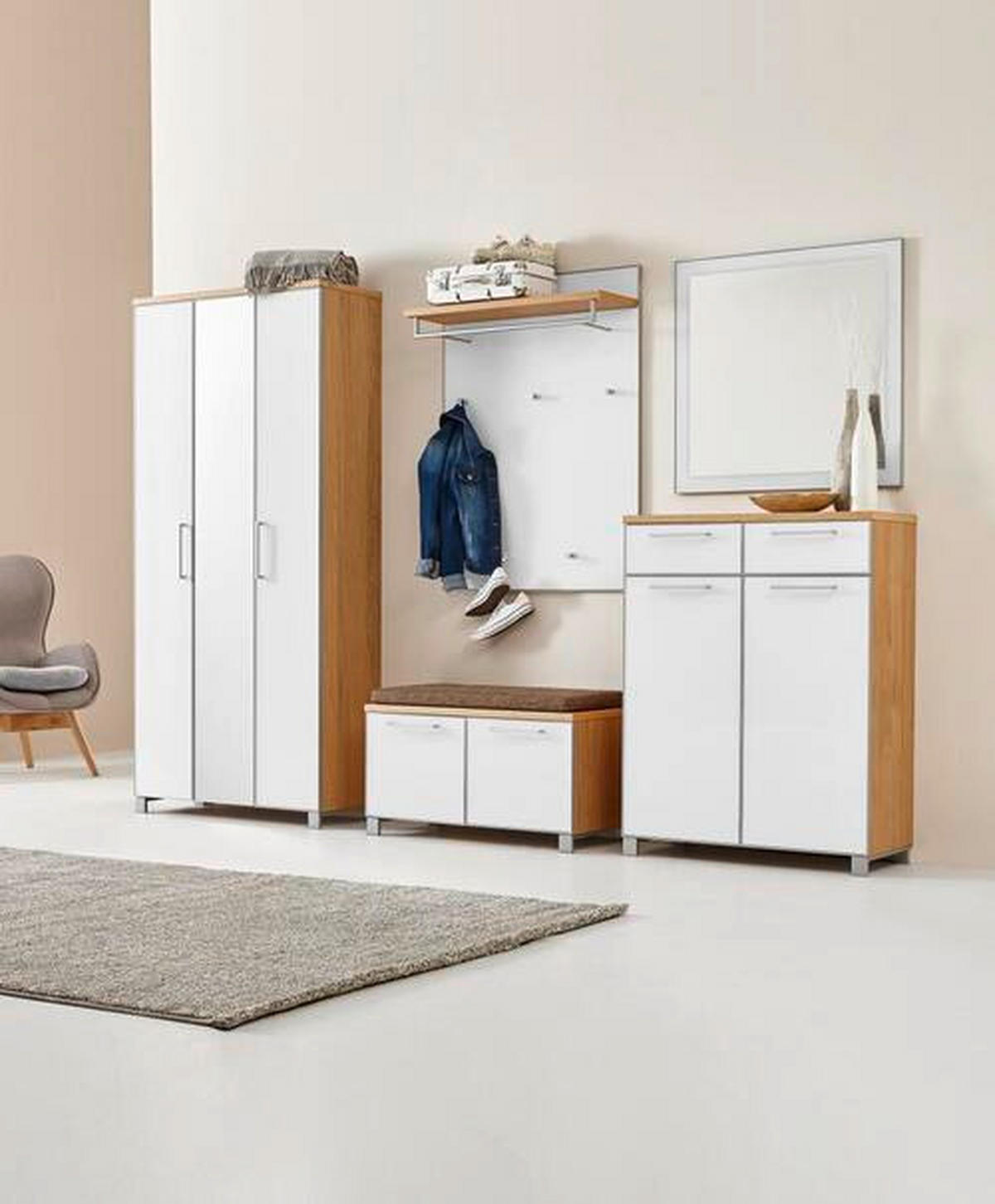 GARDEROBE 6-teilig  in 265/195/40 cm  - Hellbraun/Weiss, Design, Glas/Holz (265/195/40cm)