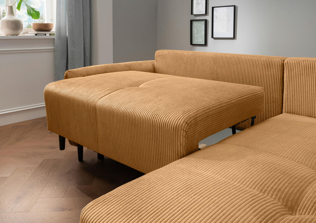 ECKSCHLAFSOFA in Cord Goldfarben  - Goldfarben/Schwarz, Basics, Holz/Textil (238/174cm) - Livetastic