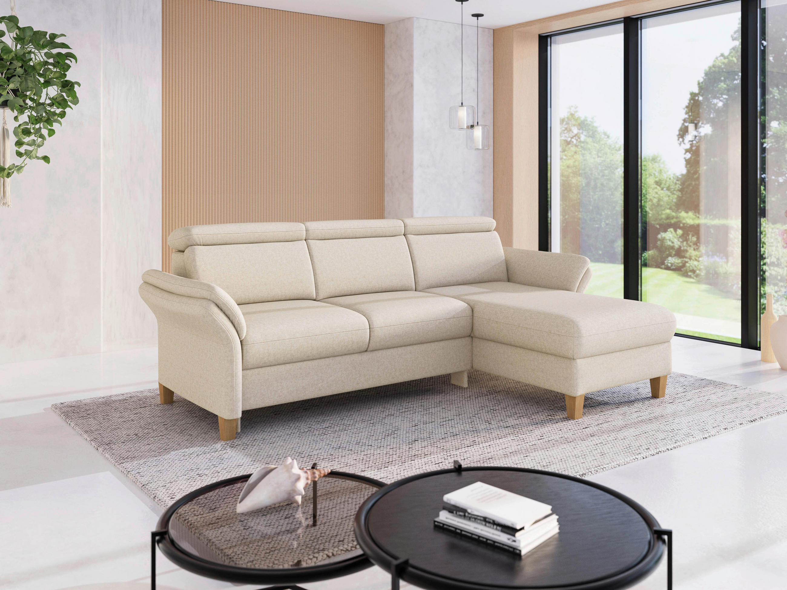 ECKSOFA GLENDALE E Creme Flachgewebe  - Eichefarben/Creme, KONVENTIONELL, Holz/Textil (253/166cm) - Sit & More