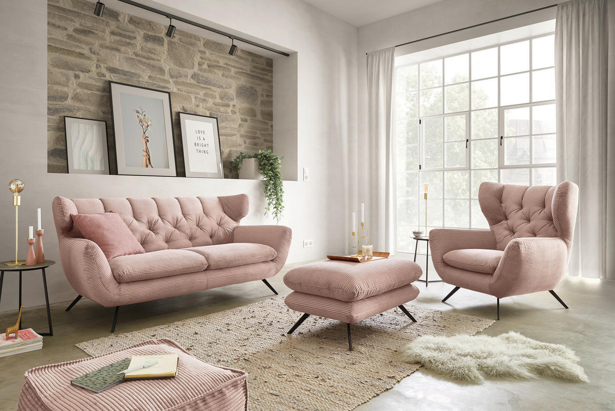 CHESTERFIELD-SOFA Cord Rosa  - Schwarz/Rosa, MODERN, Textil/Metall (160/94/95cm) - Pure Home Lifestyle
