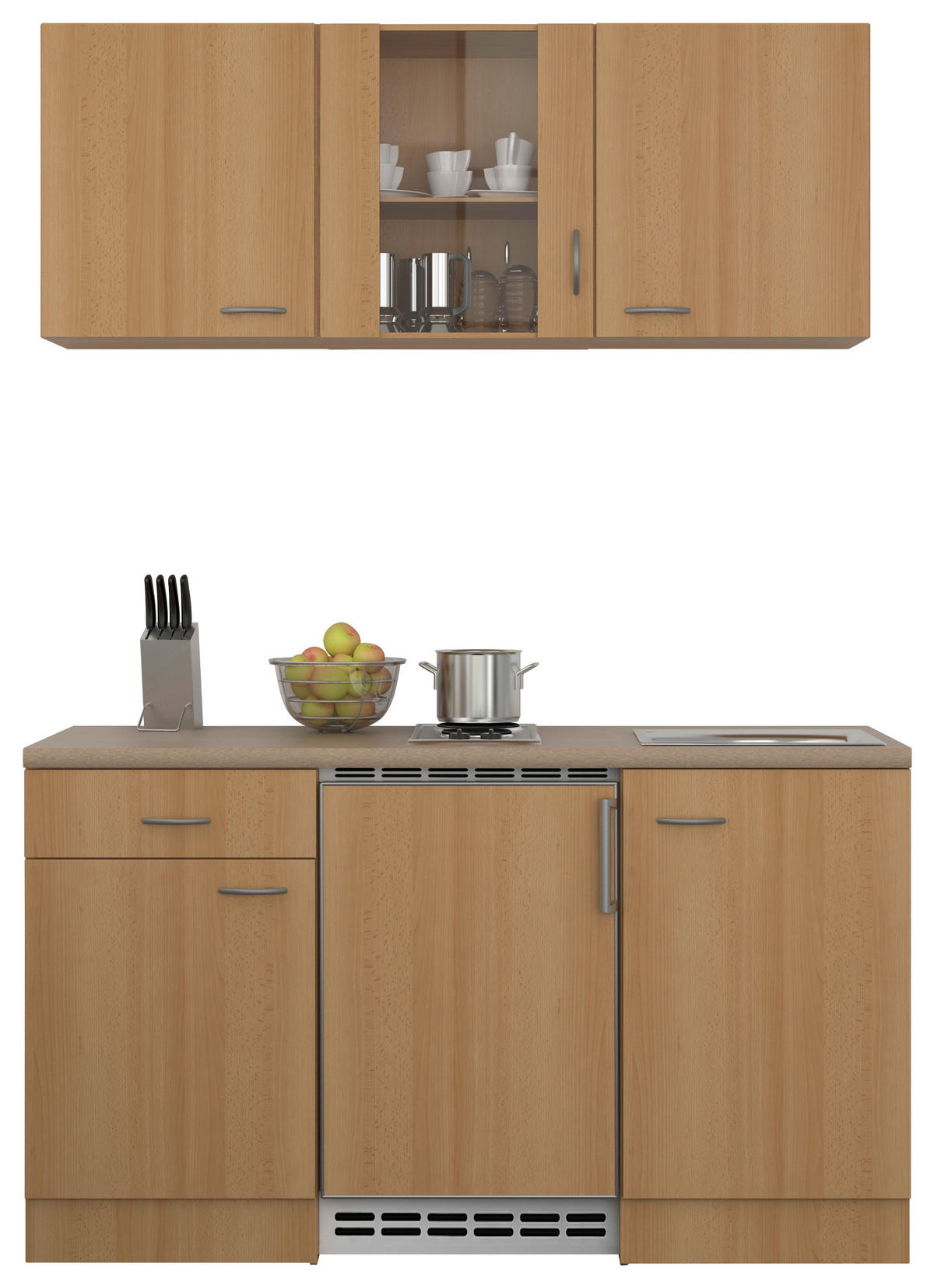 MINIKÜCHE 150 cm   in Buchefarben  - Edelstahlfarben/Beige, MODERN, Glas/Holzwerkstoff (150cm) - FlexWell