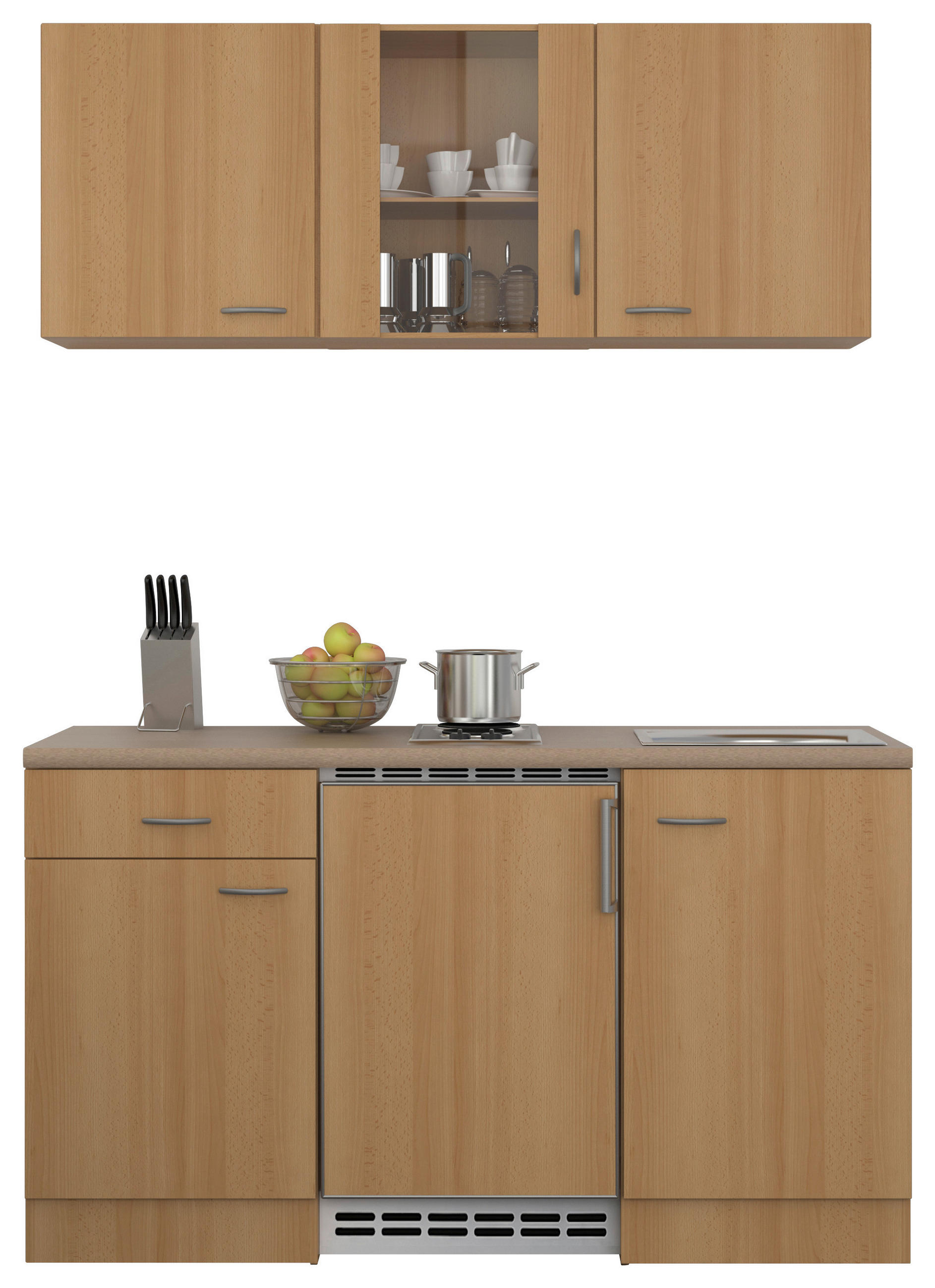Miniküche Mit Kühlschrank + Kochfeld 150 Cm Creme/buche