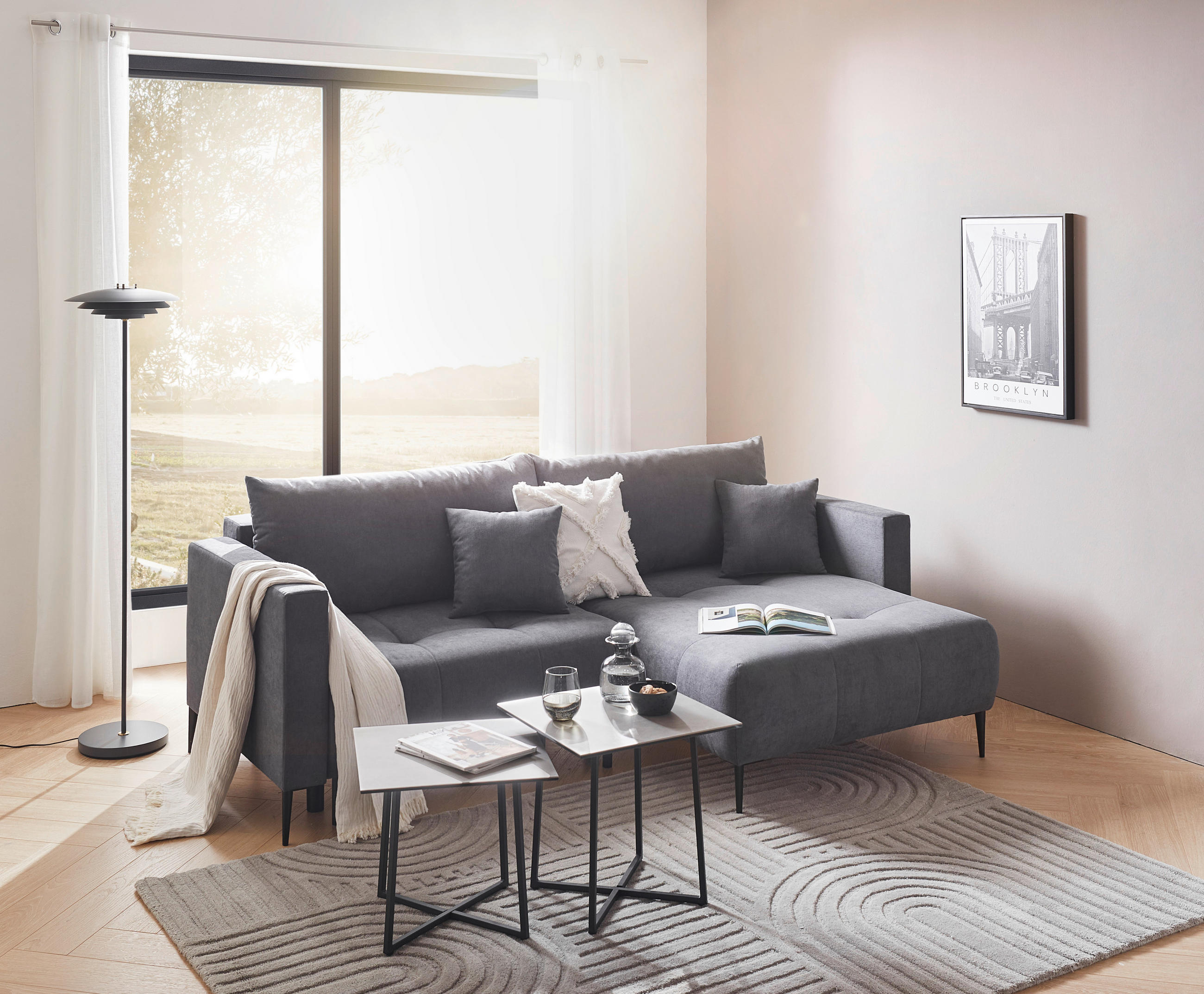 ECKSOFA Dunkelgrau Velours  - Dunkelgrau/Schwarz, KONVENTIONELL, Textil/Metall (226/155cm) - Carryhome