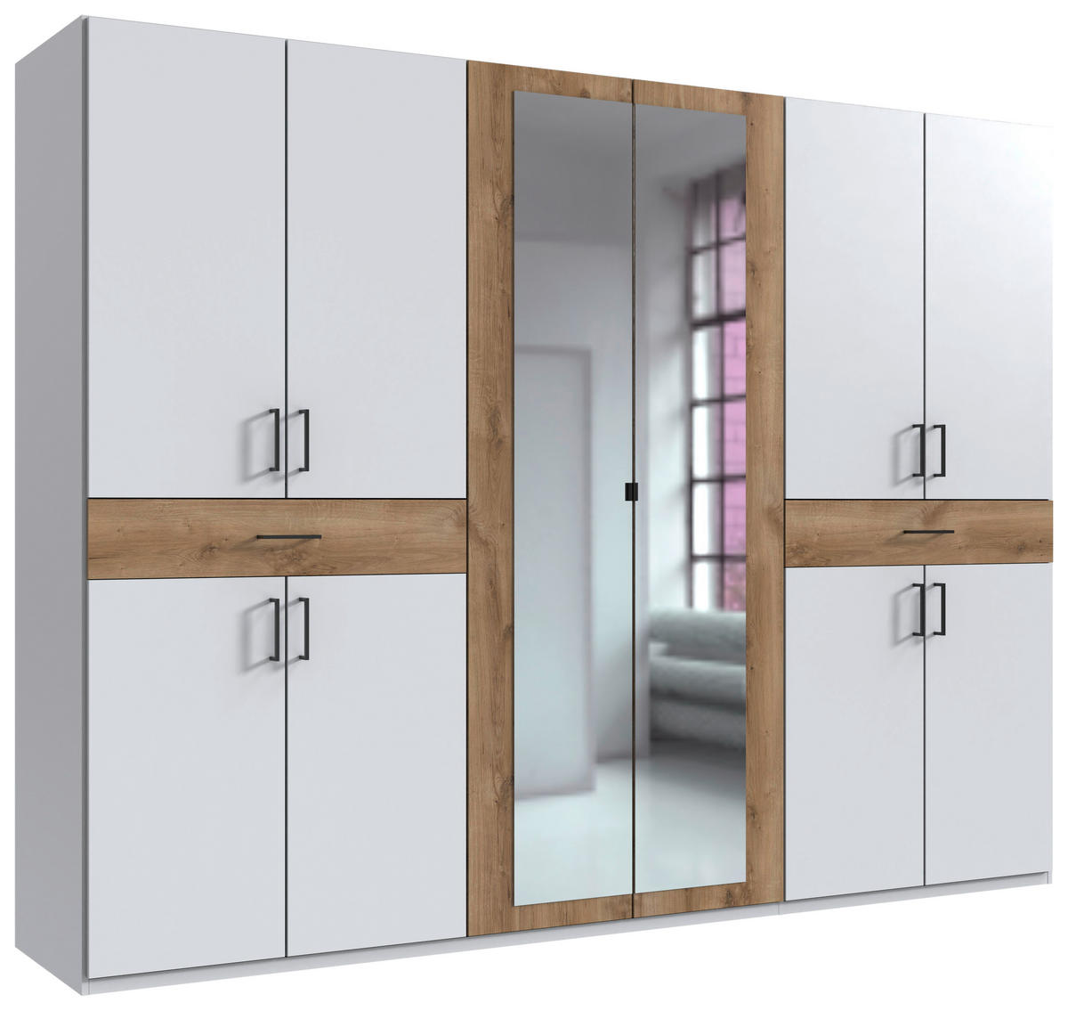 DREHTÜRENSCHRANK  in Weiß, Plankeneiche  - Plankeneiche/Schwarz, KONVENTIONELL, Glas/Holzwerkstoff (270/208/58cm) - Carryhome