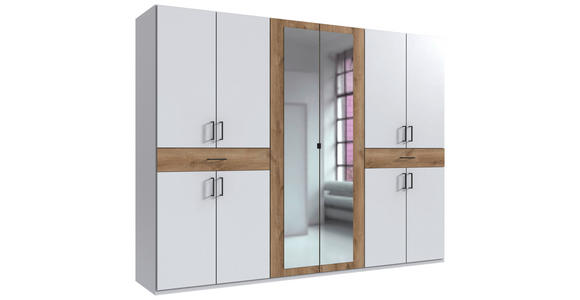 DREHTÜRENSCHRANK  in Weiß, Plankeneiche  - Plankeneiche/Schwarz, KONVENTIONELL, Glas/Holzwerkstoff (270/208/58cm) - Carryhome
