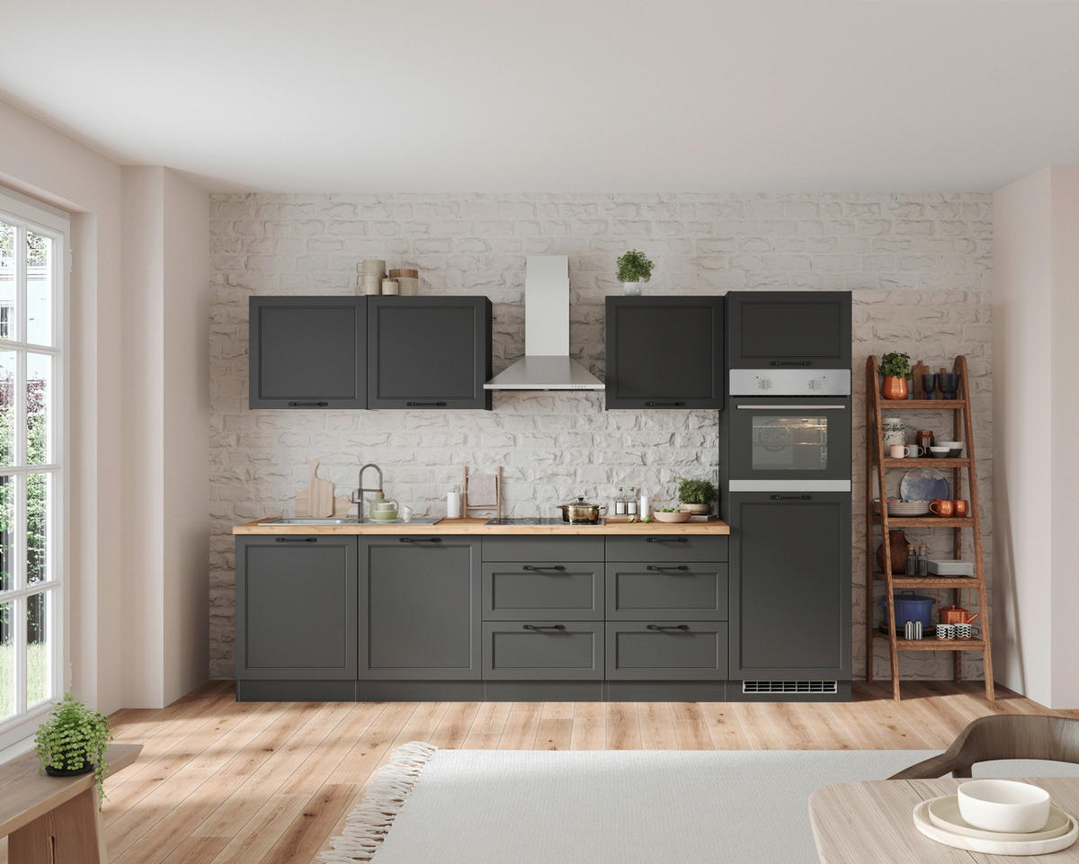 KÜCHENBLOCK 300 cm   in Grau, Eiche Wotan  - Eiche Wotan/Schwarz, LIFESTYLE, Holzwerkstoff/Metall (300cm) - Held