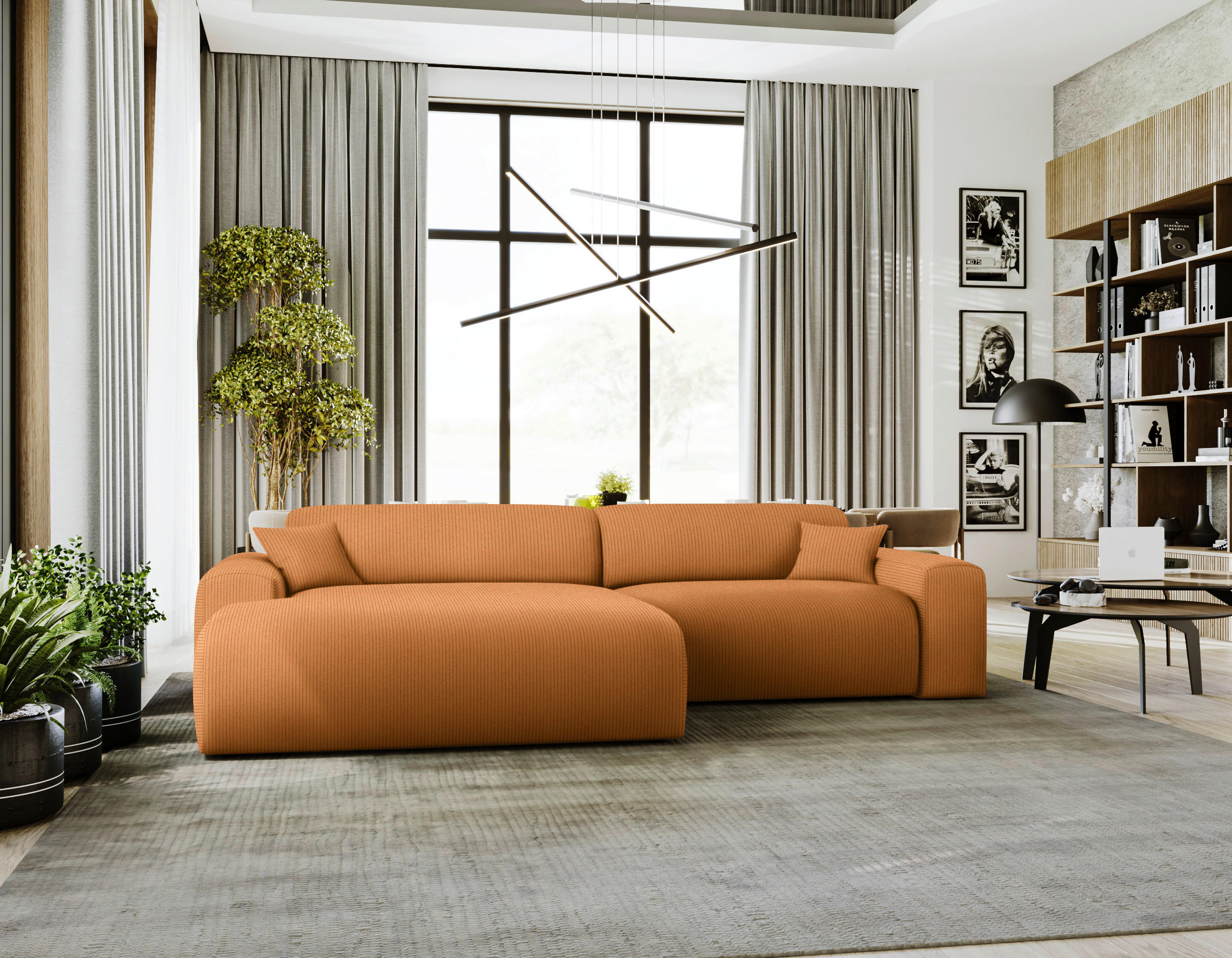ECKSOFA in Velours, Feincord Rostfarben  178/292 cm  - Rostfarben/Schwarz, Design, Kunststoff/Textil (178/292cm) - home24