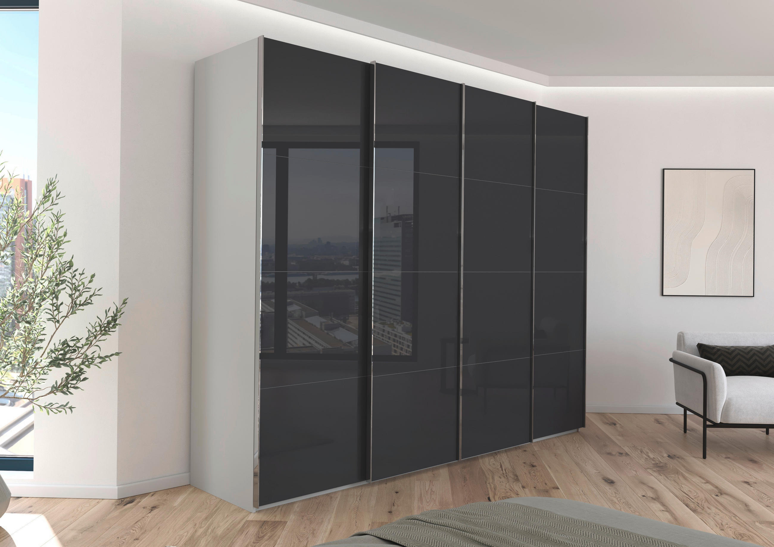 SCHWEBETÜRENSCHRANK 271/223/68 cm 4-türig Grau, Schwarz  - Chromfarben/Schwarz, Design, Glas/Holzwerkstoff (271/223/68cm) - Novel