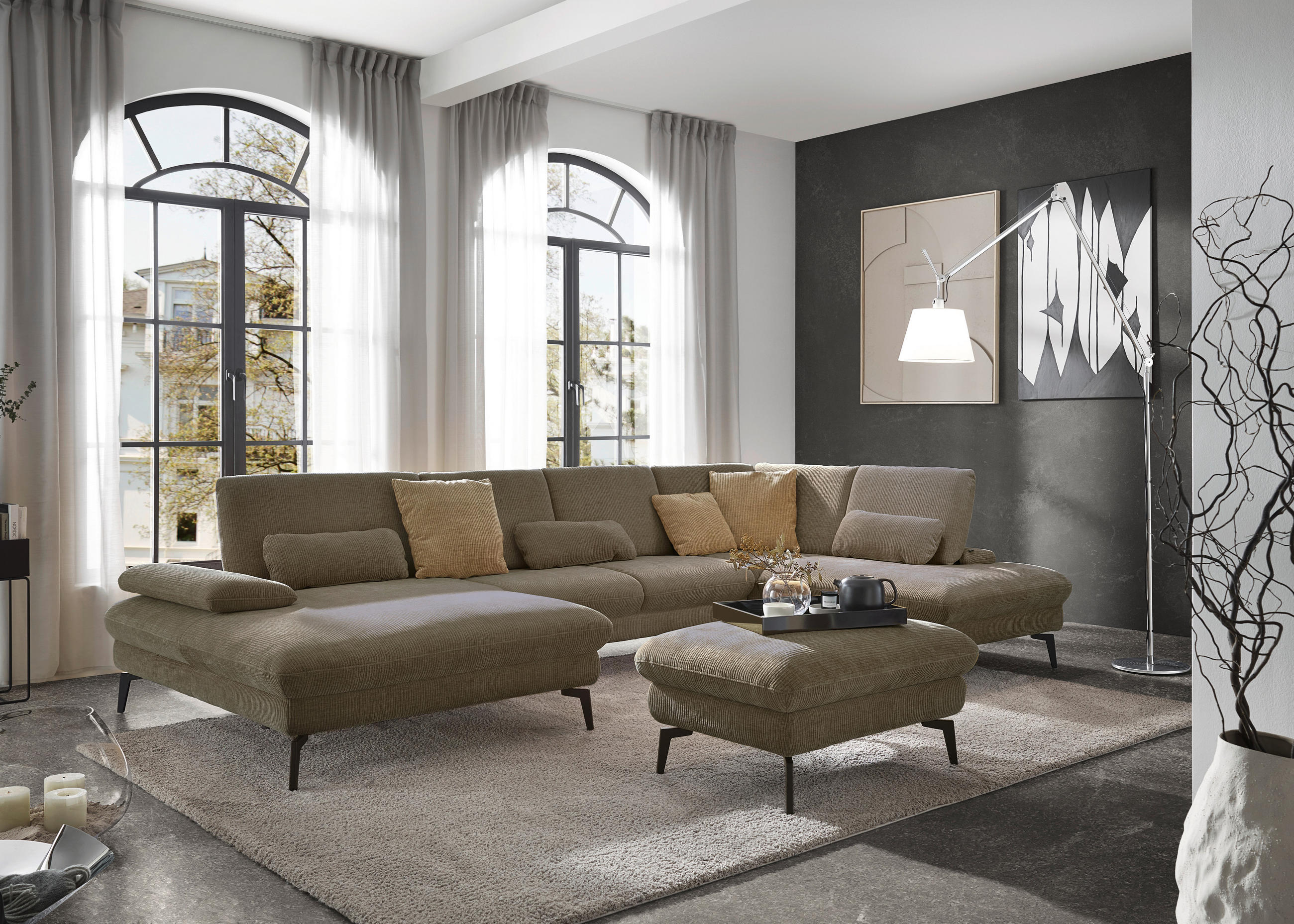 WOHNLANDSCHAFT in Webstoff Hellbraun  - Hellbraun/Schwarz, Design, Textil/Metall (157/354/208cm) - Dieter Knoll