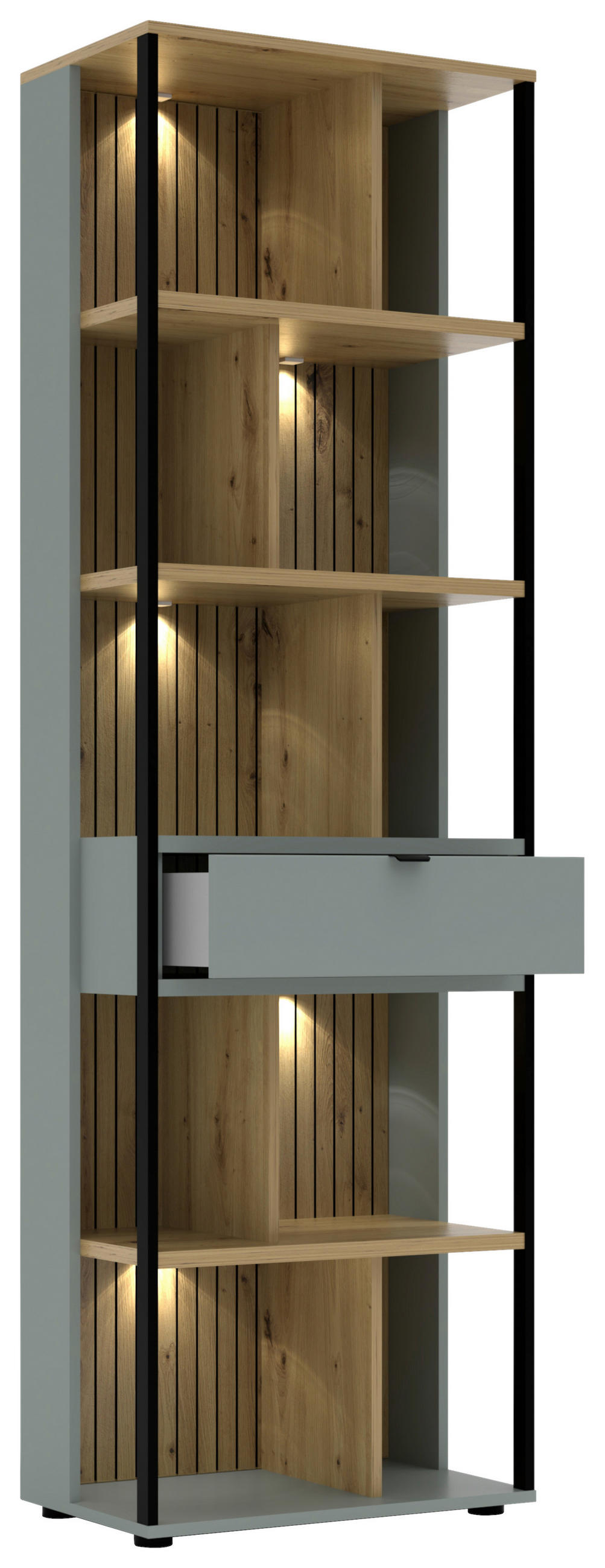 AKTENREGAL Eiche Artisan, Schilfgrün  - Schilfgrün/Schwarz, KONVENTIONELL, Holzwerkstoff/Metall (60/198/38cm) - Voleo