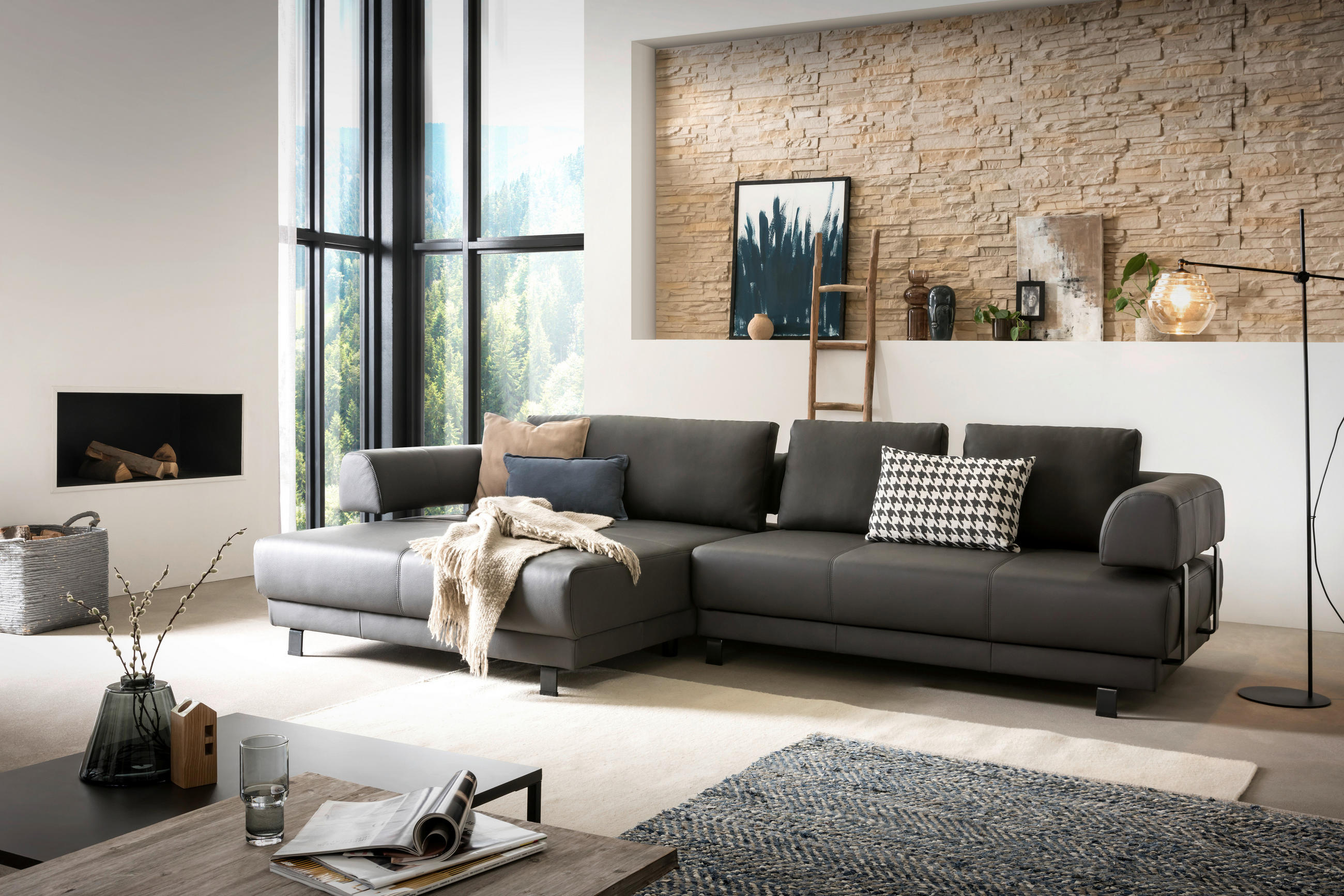 ECKSOFA Schieferfarben Echtleder - Schieferfarben/Schwarz, Design, Leder/Metall (188/307cm)
