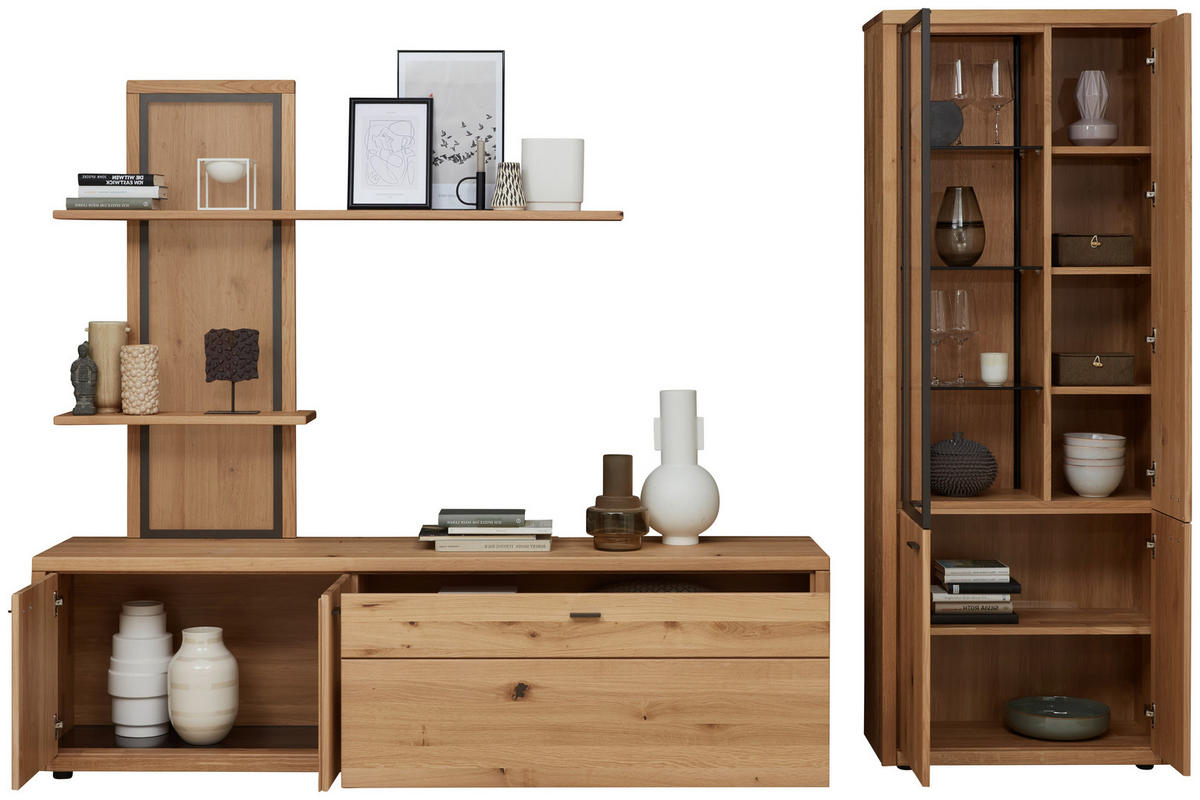 WOHNWAND  in Dunkelgrau, Wildeiche 301/202/45 cm  - Wildeiche/Dunkelgrau, Design, Glas/Holz (301/202/45cm) - Valnatura