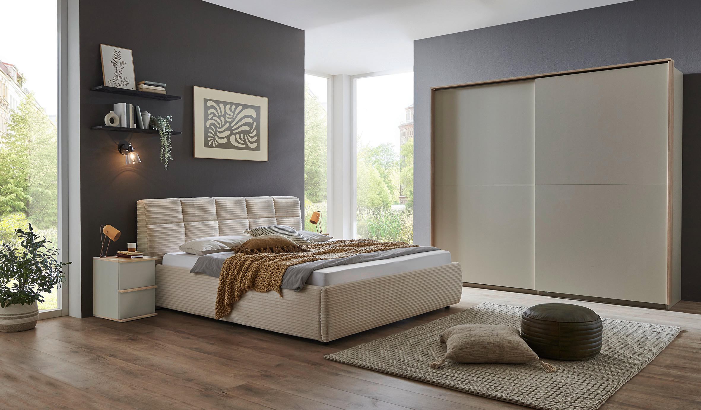 ORMAR S KLIZNIM VRATIMA boje hrasta, svijetlo siva   - boje hrasta/svijetlo siva, Design, drvni materijal (243,6/224,8/67cm) - home24