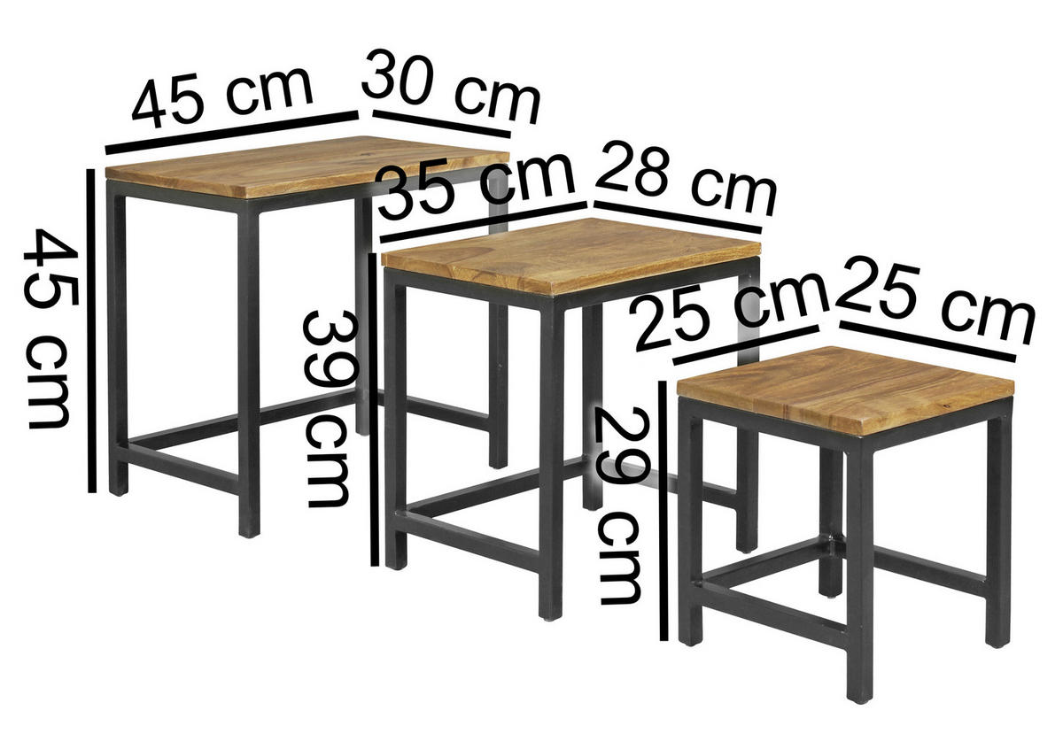 SADA ODKLÁDACÍCH STOLKŮ, sheesham, barvy sheesham - černá/barvy sheesham, Design, kov/dřevo (30/45/45cm) - MID.YOU