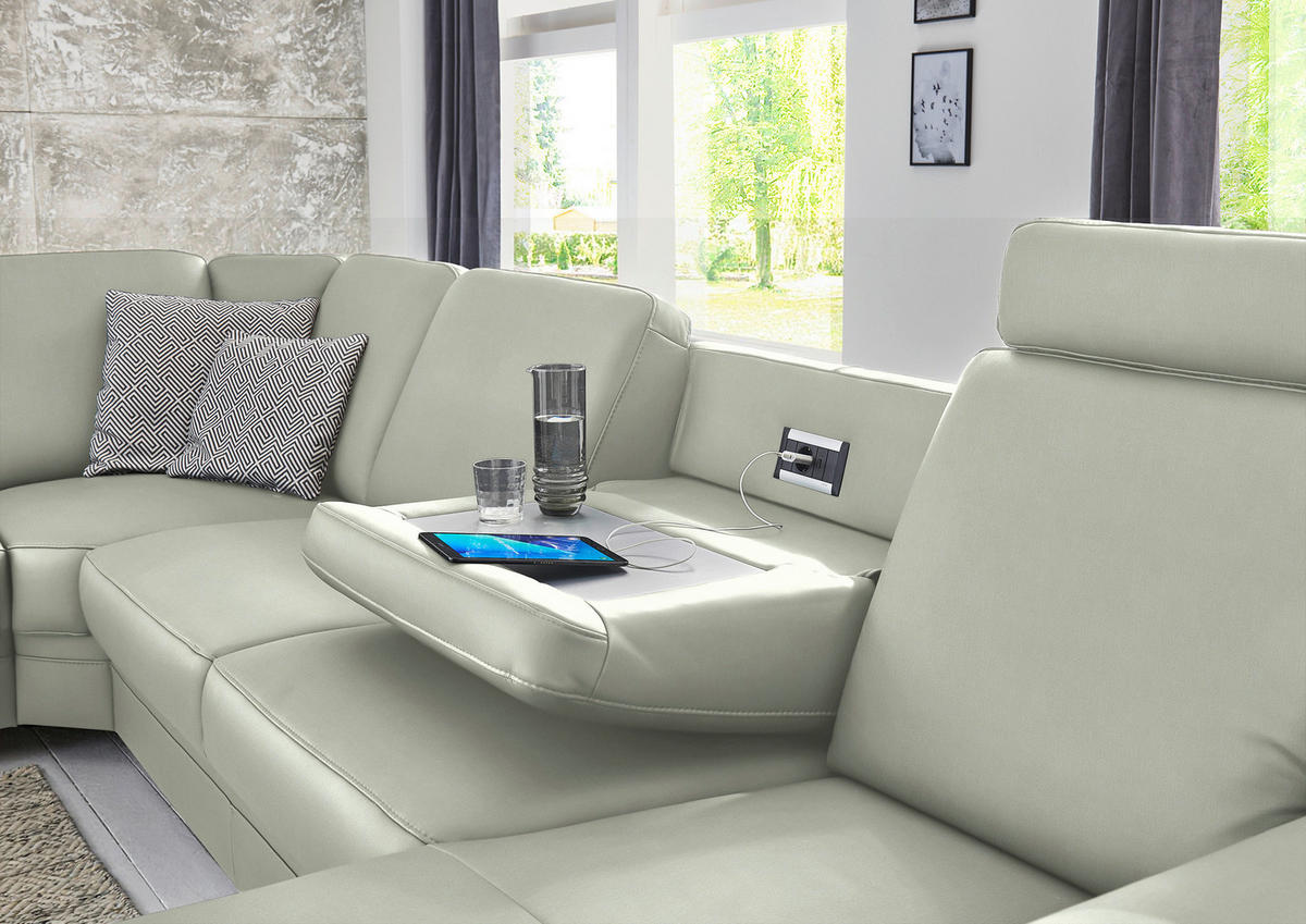 WOHNLANDSCHAFT Echtleder Silberfarben  - Silberfarben/Alufarben, Konventionell, Leder/Metall (239/329/165cm) - Beldomo Premium