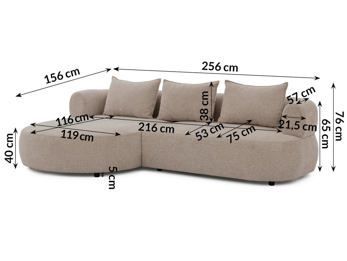 ECKSOFA in Chenille Hellbraun  - Hellbraun/Schwarz, Design, Kunststoff/Textil (156/256cm) - Livetastic