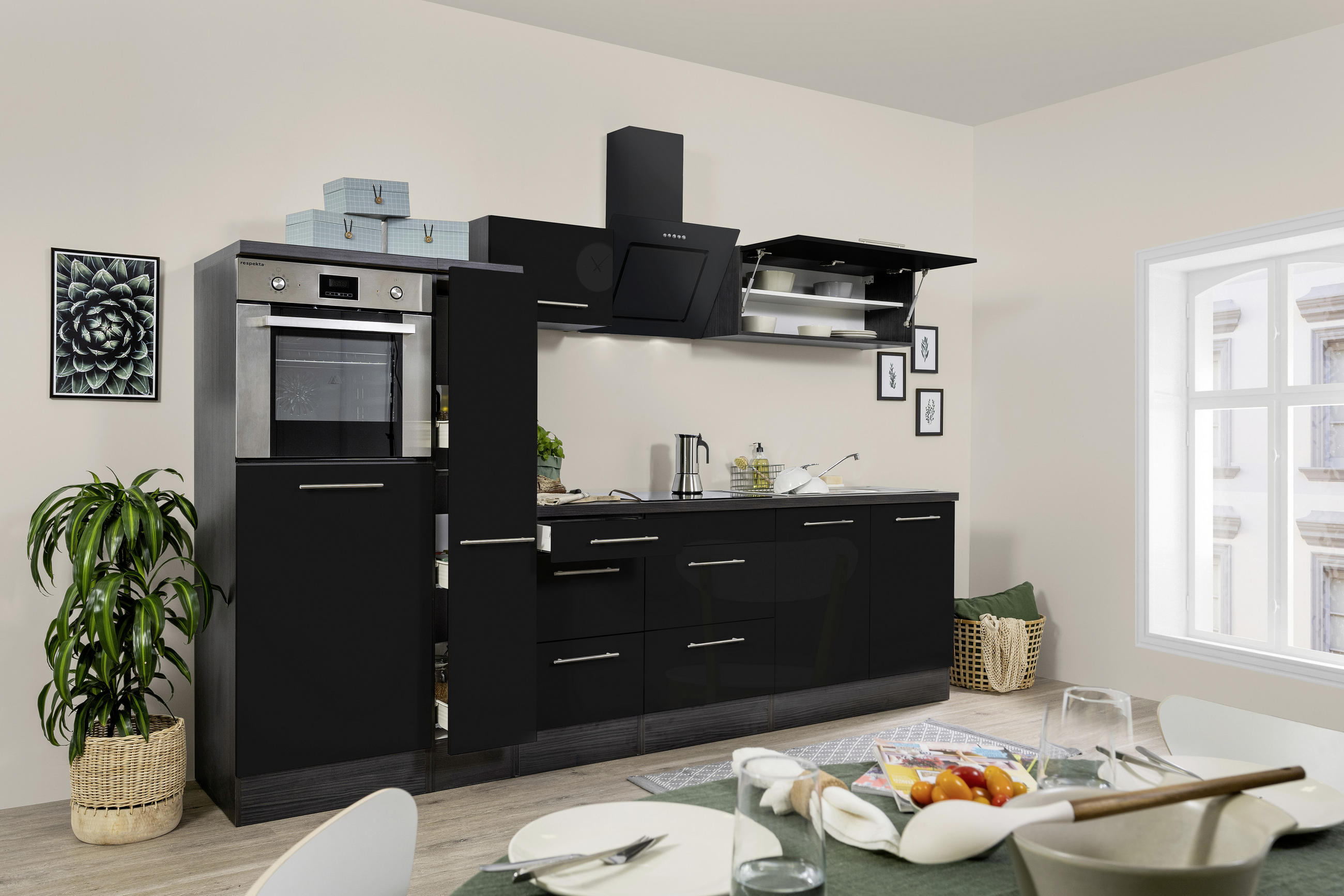 KÜCHENBLOCK 300 cm   in Schwarz, Eichefarben  - Edelstahlfarben/Eichefarben, Basics, Holzwerkstoff/Metall (300cm) - Respekta