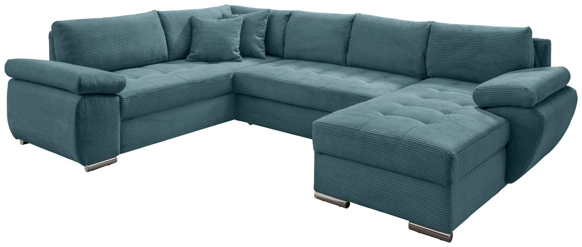 Wohnlandschaft in Cord Petrol  - Chromfarben/Petrol, KONVENTIONELL, Textil/Metall (219/305/157cm) - Livetastic