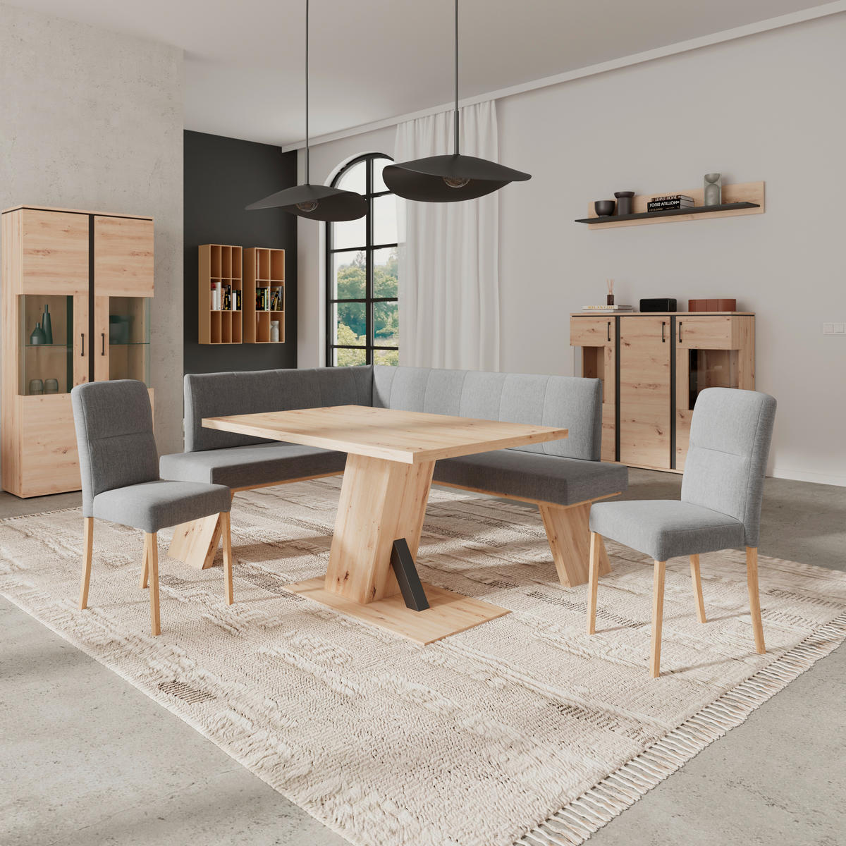 ECKBANK 150/185 cm Webstoff Hellgrau   - Eichefarben/Hellgrau, KONVENTIONELL, Textil (150/185cm)