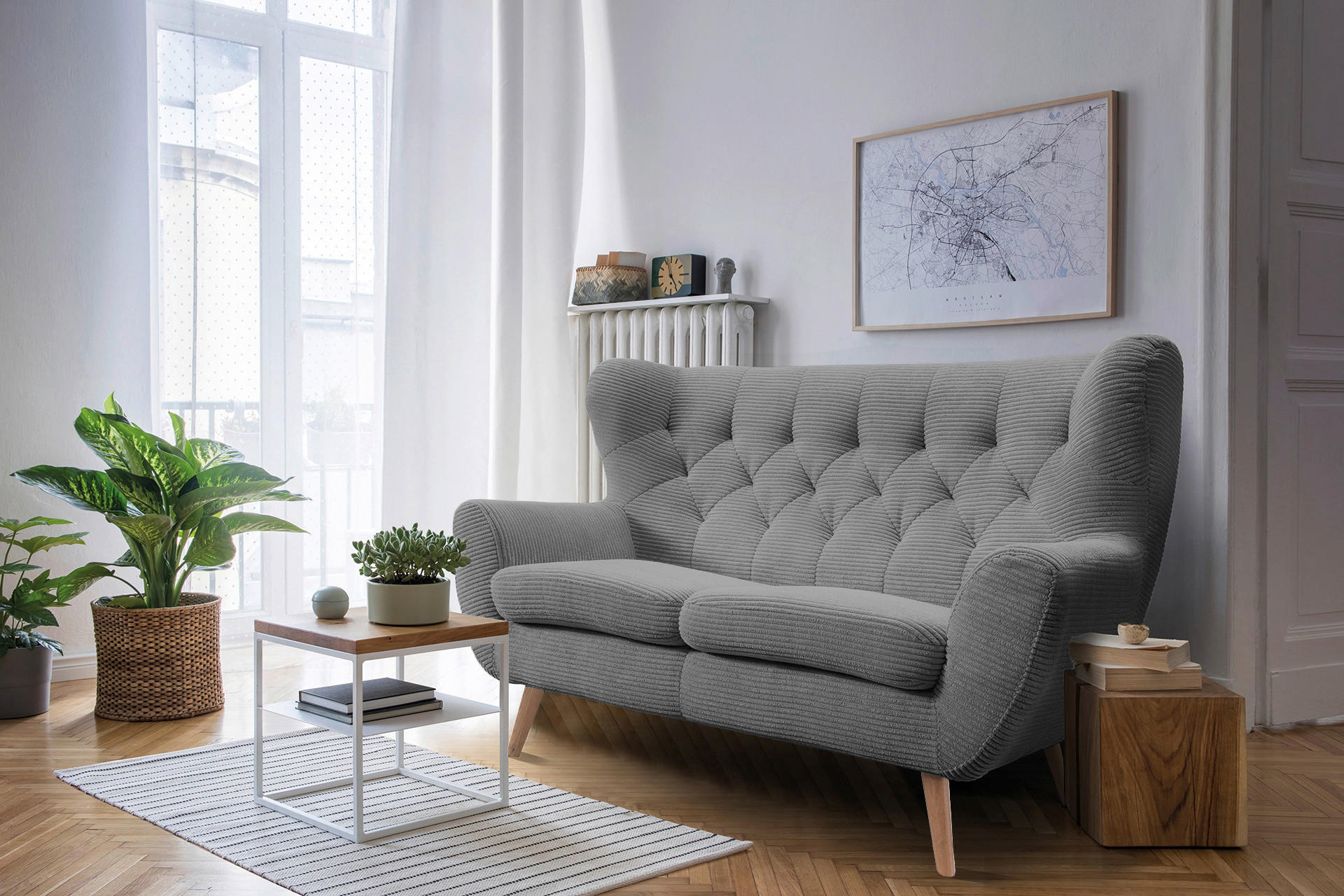 2-SITZER-SOFA Cord Hellgrau  - Eichefarben/Hellgrau, Design, Holz/Textil (137/101/95cm) - Stylife