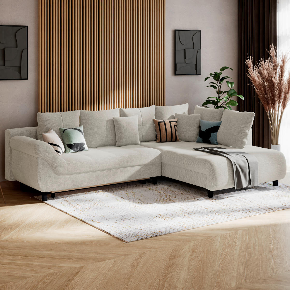 ECKSOFA MENDOZA NEW Creme Chenille, Struktur Zierkissen, Rückenkissen, Bettkasten  - Creme/Schwarz, KONVENTIONELL, Textil (309/197cm) - MID.YOU