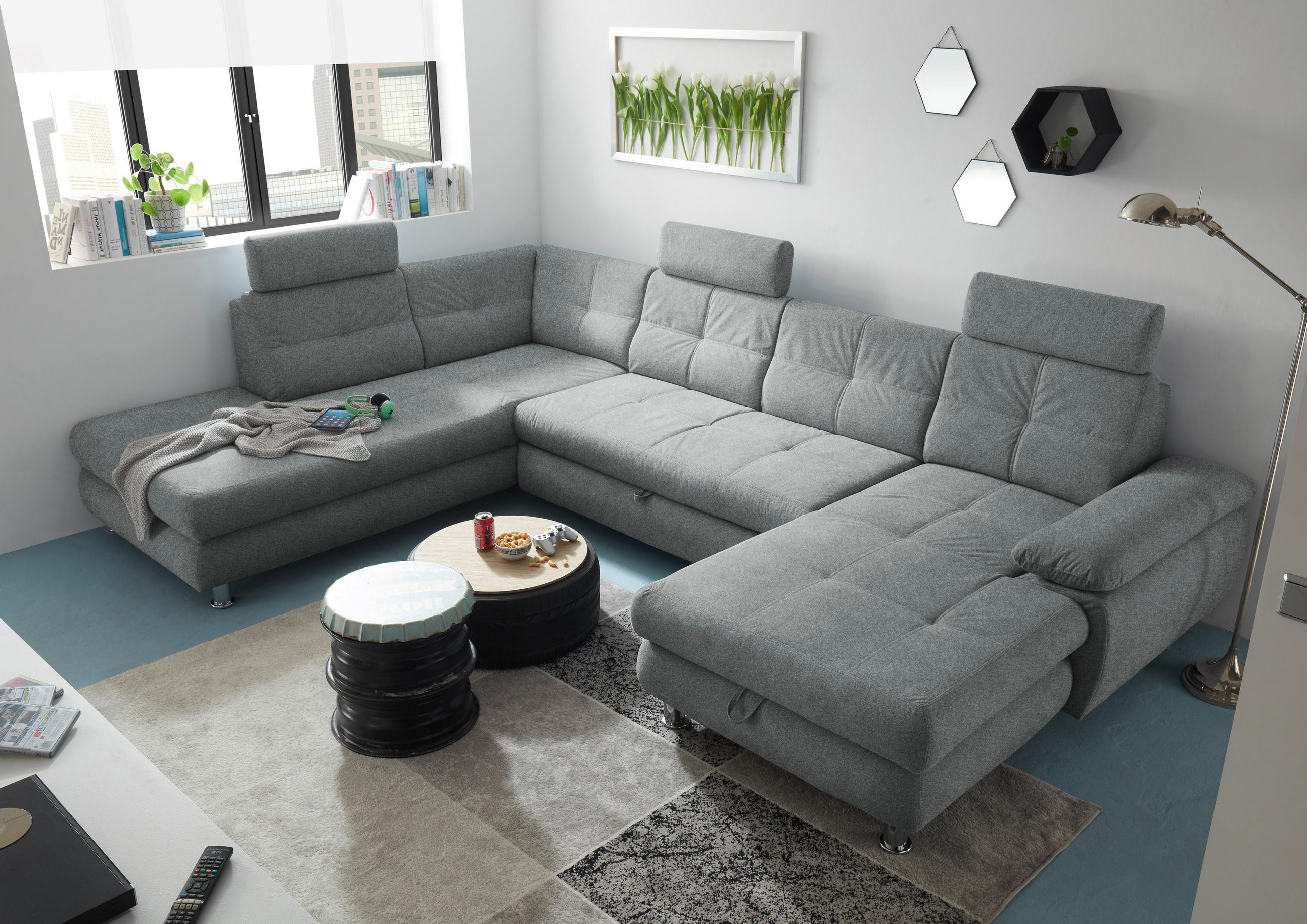 WOHNLANDSCHAFT Hellgrau Webstoff  - Hellgrau, MODERN, Kunststoff/Textil (233/349/177cm) - MID.YOU