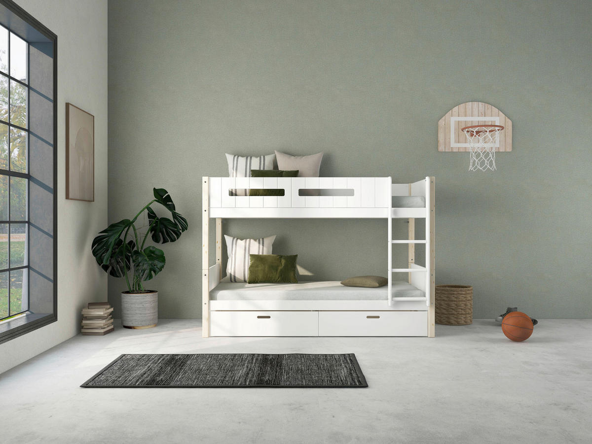 ETAGENBETT 90/200 cm,  in Absturzsicherung, Leiter, Rollroste, Bettschublade  - Naturfarben/Weiß, MODERN, Holz (90/200cm) - Chameo