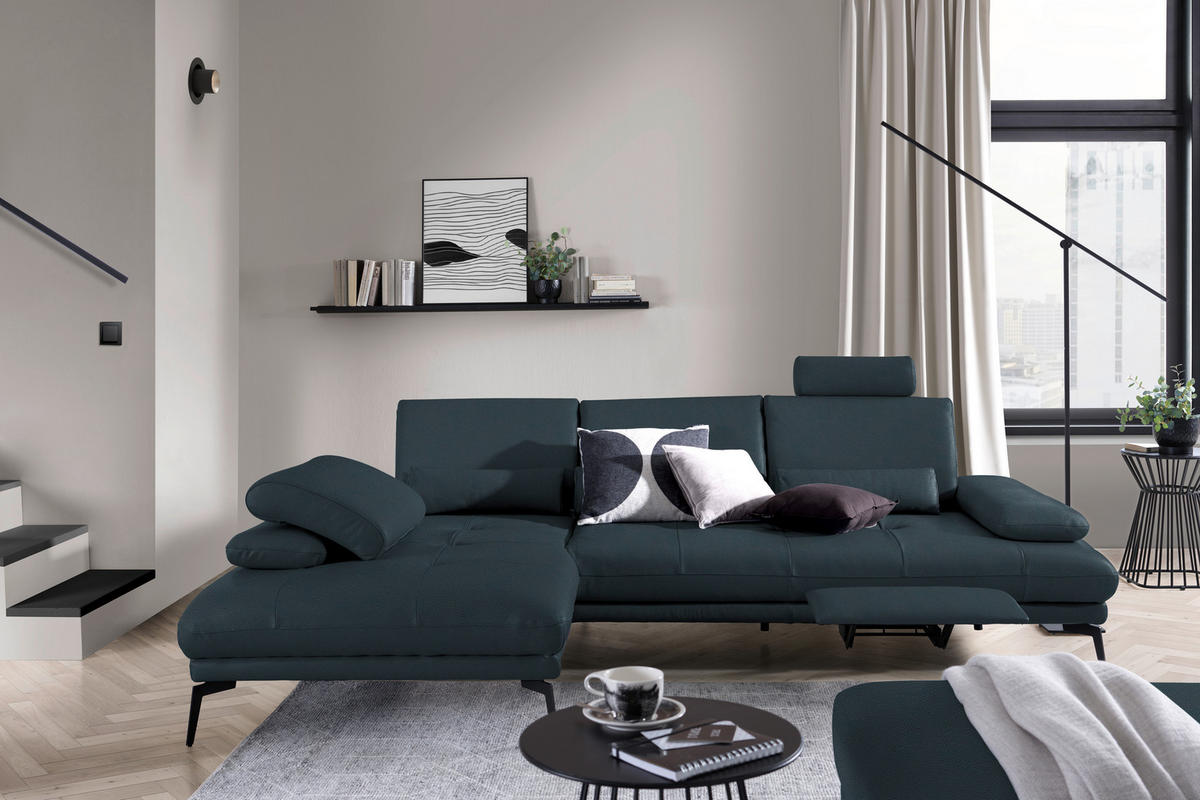 ECKSOFA in Echtleder Dunkelblau  187/273 cm  - Schwarz/Dunkelblau, Design, Leder/Metall (187/273cm) - Celina Home