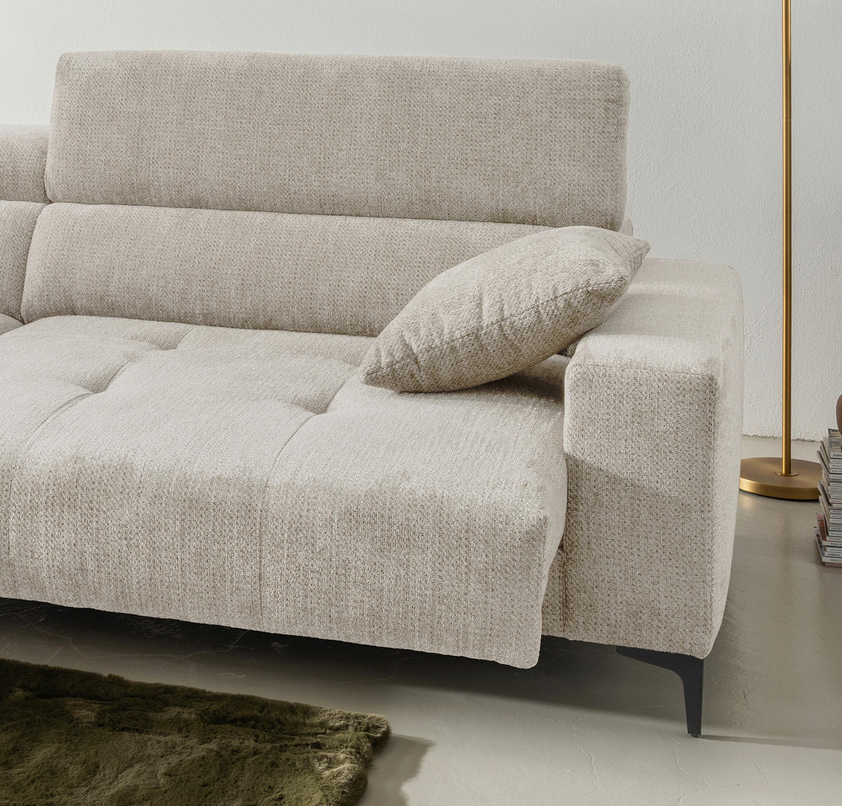 ECKSOFA ORIO Naturfarben Chenille Zierkissen, Kopfteilverstellung, Sitzvorzug  - Schwarz/Naturfarben, Basics, Textil/Metall (183/250cm) - Livetastic