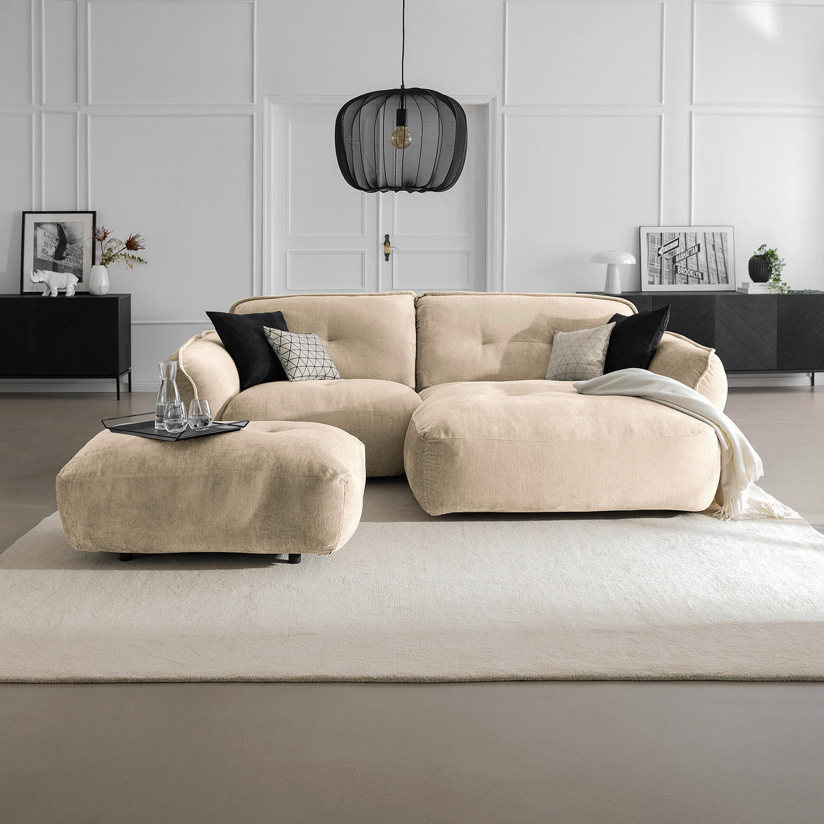 HOCKER in Textil Creme  - Creme/Schwarz, Modern, Kunststoff/Textil (102/46/65cm) - Trendmanufaktur