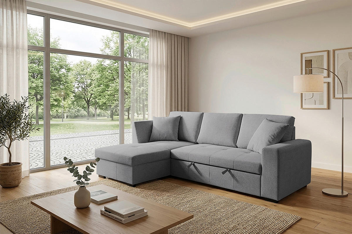 ECKSOFA LUKAS Grau Struktur Zierkissen, Bettkasten  - Grau, Trend, Textil (158/239cm) - P & B