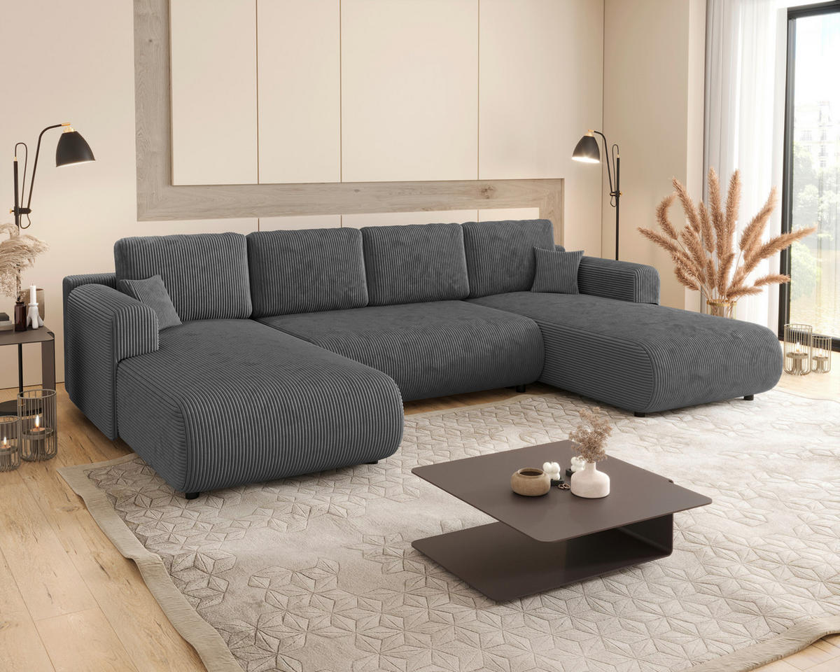 Wohnlandschaft inkl. Funktion Dunkelgrau Cord  - Dunkelgrau/Schwarz, KONVENTIONELL, Textil (200/360/200cm) - Xora