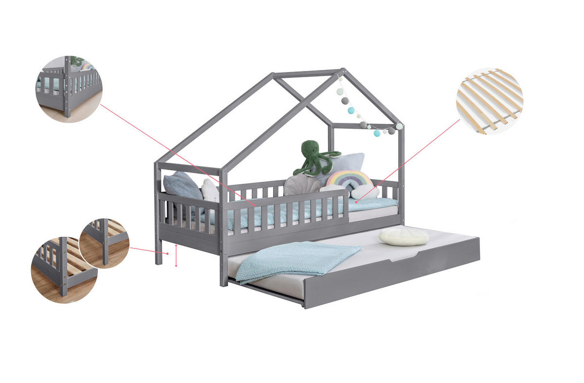 HAUSBETT  in Hellgrau, Absturzsicherung, Matratze, Rollrost, Bettkasten  - Hellgrau/Weiß, MODERN, Holz/Textil (90/200cm) - MID.YOU