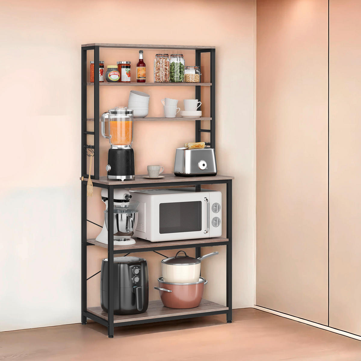 REGÁL, čierna, sivobéžová, oceľ, 80/167/40 cm - čierna/sivobéžová, Modern, kov/kompozitné drevo (80/167/40cm) - MID.YOU