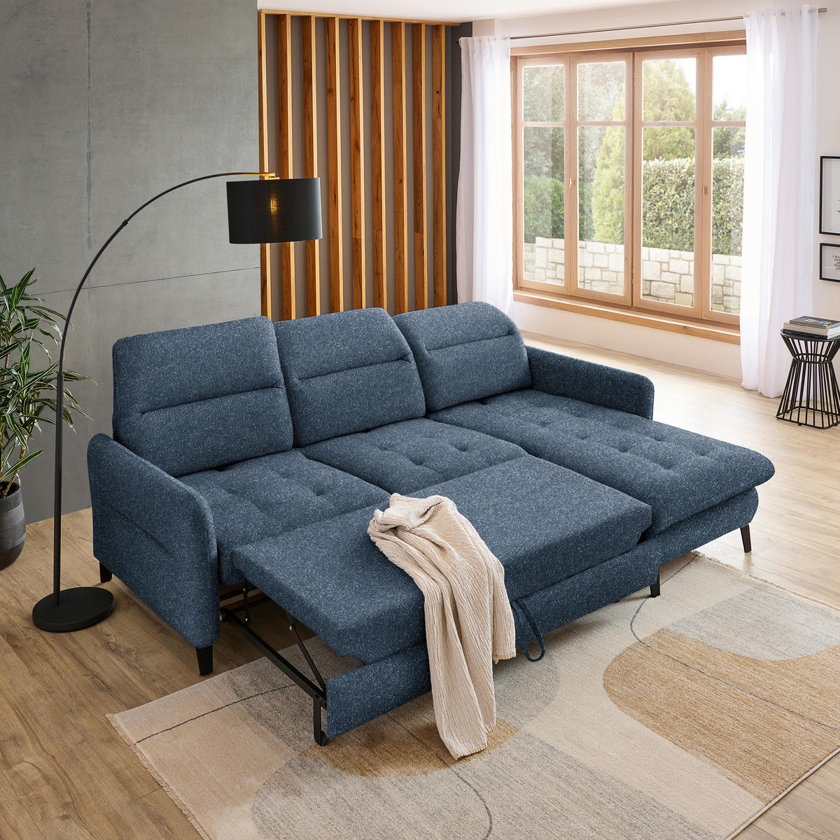 ECKSOFA Blau Plüsch  - Blau/Schwarz, KONVENTIONELL, Textil/Metall (254/190cm) - Livetastic