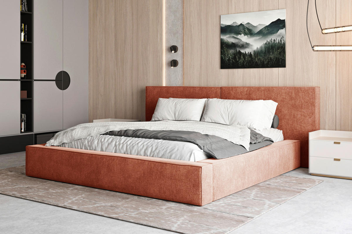 POLSTERBETT 140/200 cm,  in Terracotta, Bettkasten,  - Terracotta/Schwarz, MODERN, Holz (140/200cm) - MID.YOU