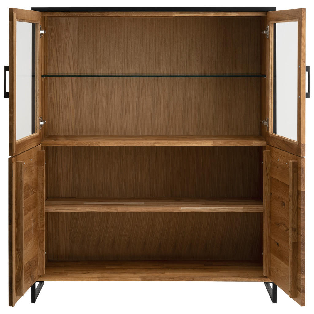 Thumbnail - Linea Natura Highboard, Schwarz, Wildeiche, Metall, Asteiche, massiv, 2 Holz + 1 Glas Fächer, 115x138x39 cm, Typenauswah...