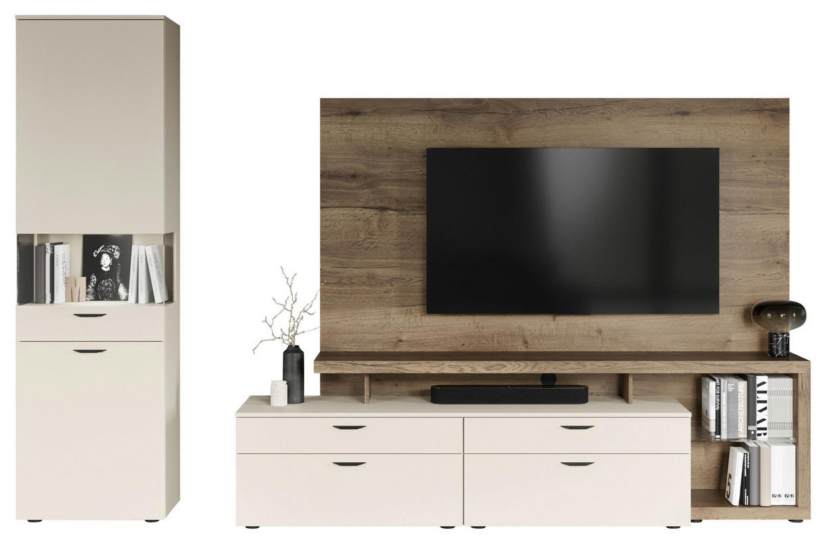 WOHNWAND  in Eichefarben, Sandfarben  300/205,2/58,5 cm  - Sandfarben/Eichefarben, Design, Glas/Holzwerkstoff (300/205,2/58,5cm) - Celina Home